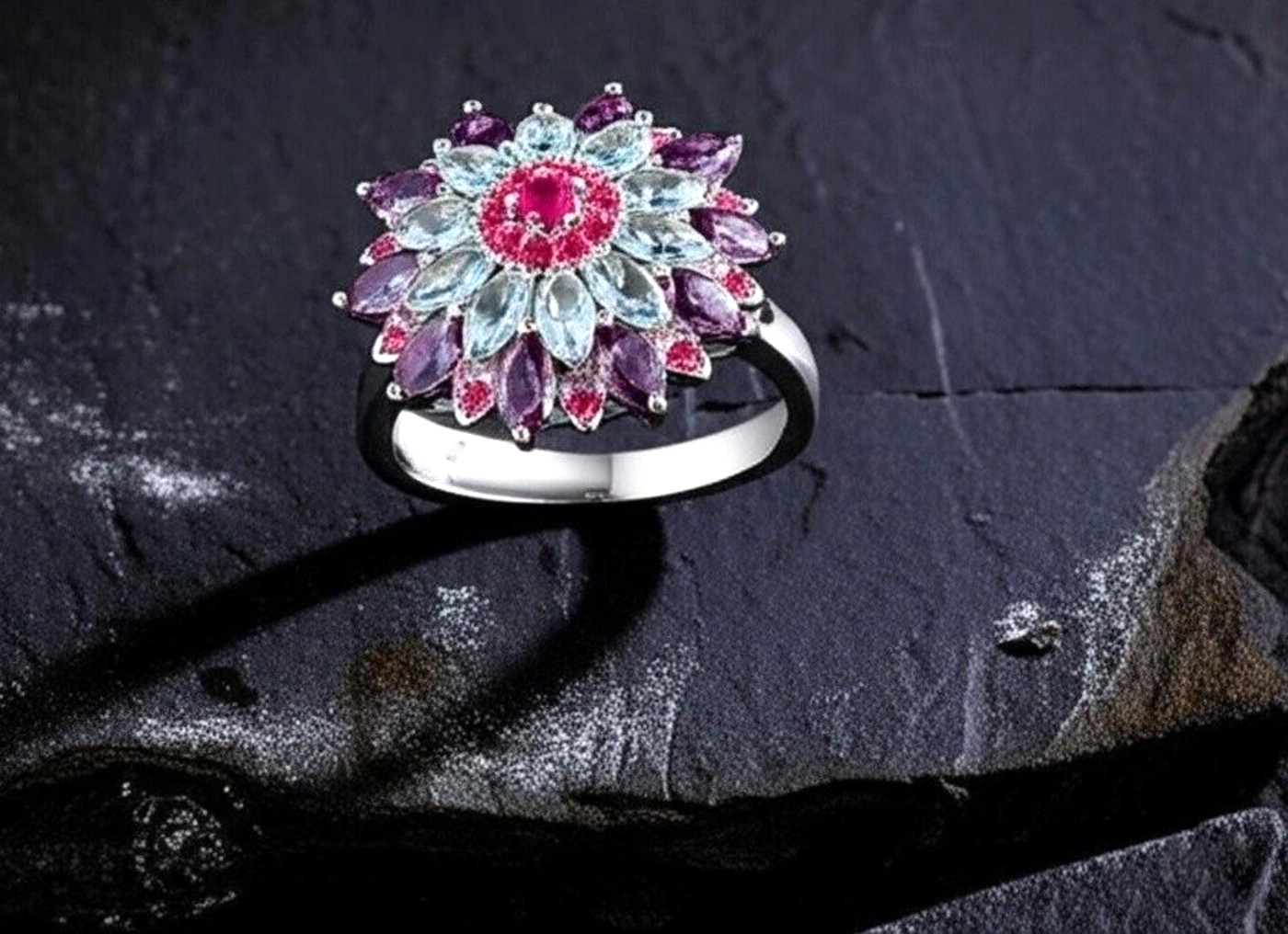 925 Sterling Silver Ruby &Amethyst Aquamarine Gemstone Ring Gift For Anniversary