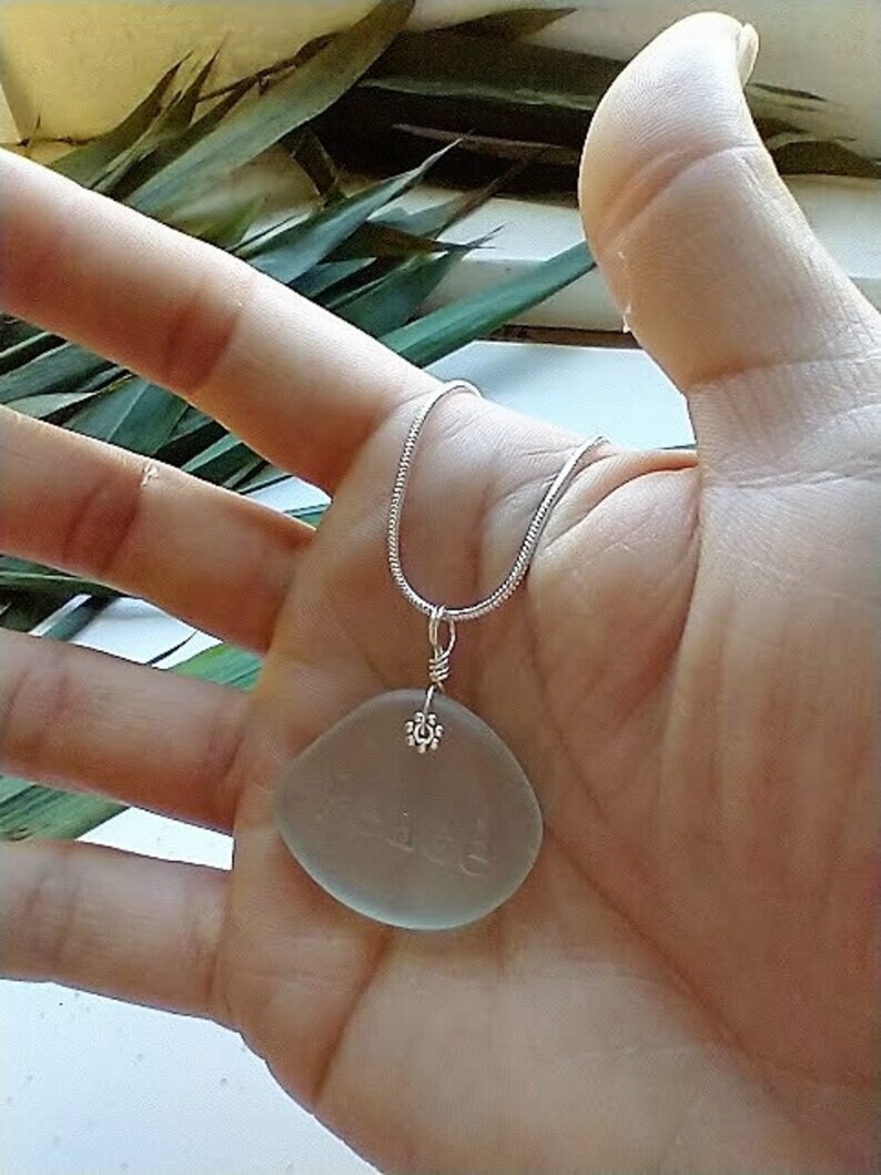 Inspirational Peace Aqua Blue Sea Glass Pendant Silver Snake Chain Necklace