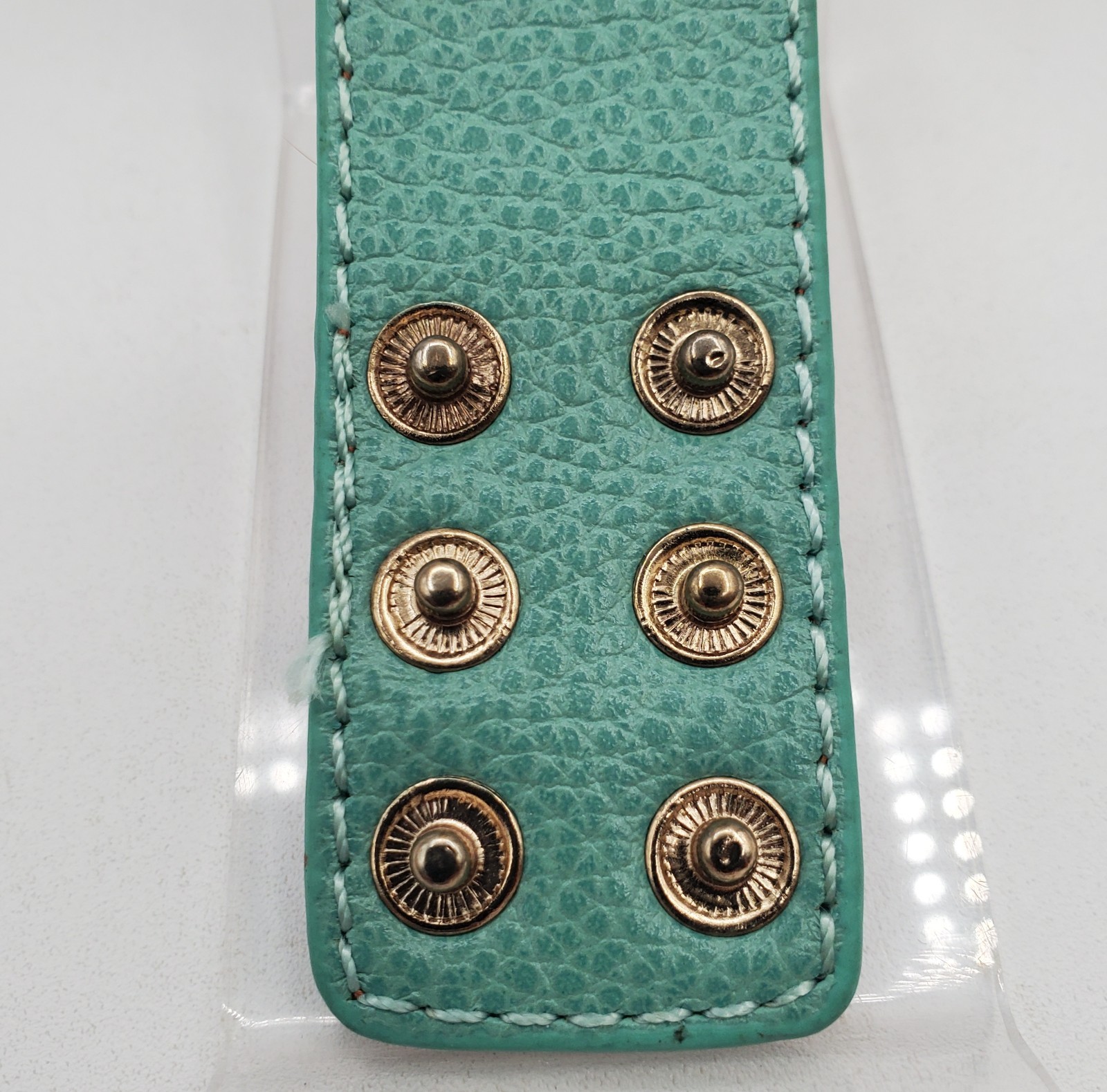 TT Monogram Wrap Bracelet 1in Wide Mint Green Pebble Leather Gold Tone Hardware
