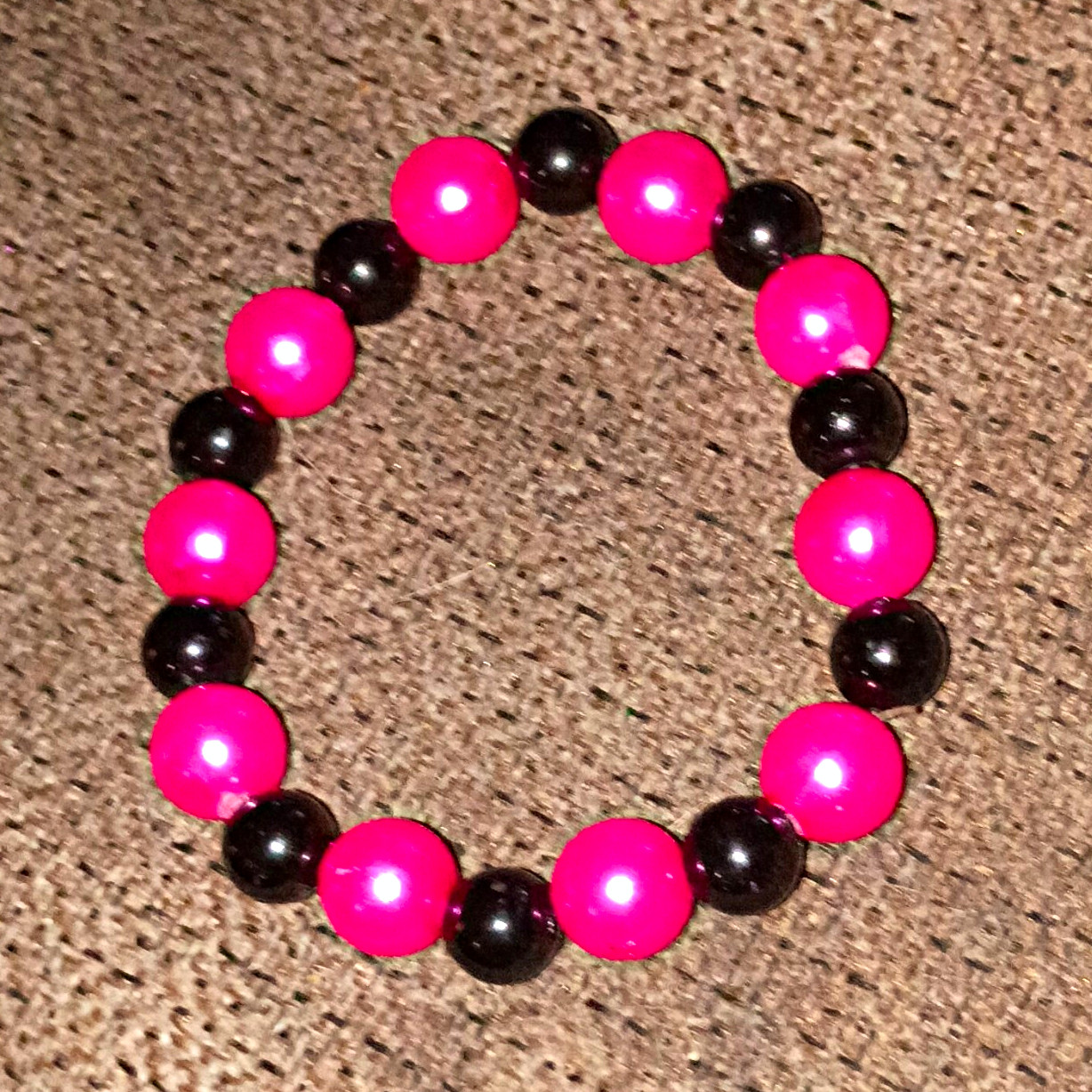 Pink & Black Plastic Round Beaded Stretch Bracelet Ball/Bead Chain