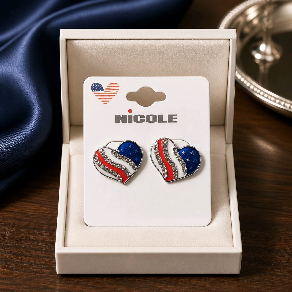 Patriotic USA Flag Heart Earrings Rhinestone Enamel 4th of July Gold Silver NEW