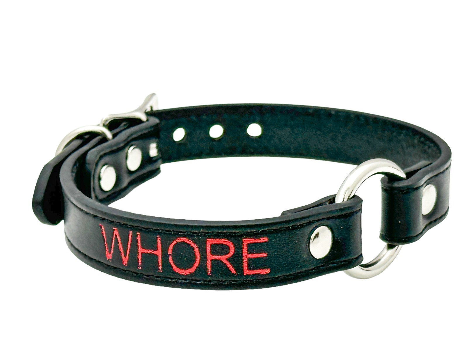 Name SILVER Ring RED Choker BDSM Collar Vegan Leather Necklace O Ring Fetish