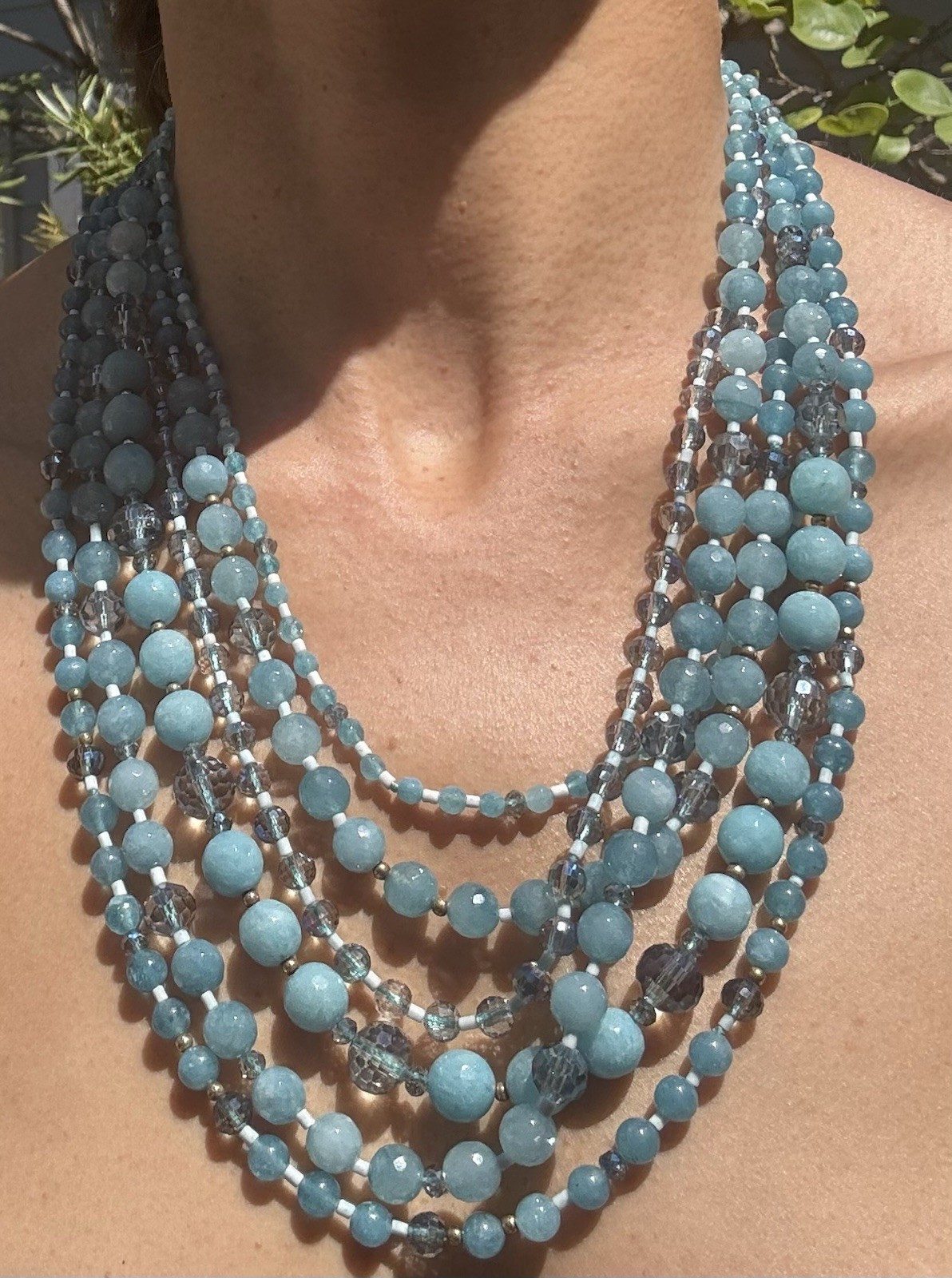 Blue Multi-Strand Statement Beaded Necklace, Round Glass Beads, Ball/Bead