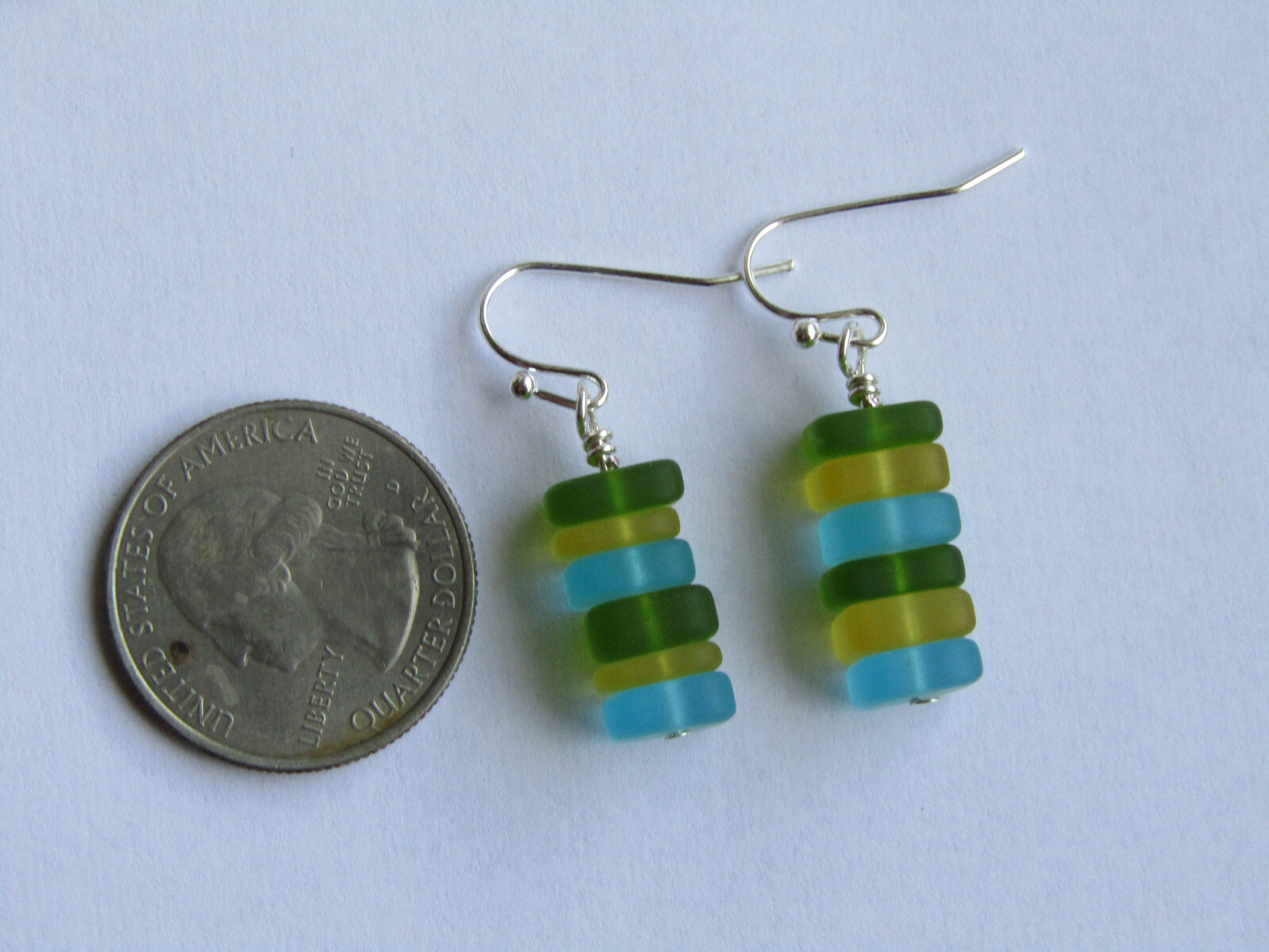 Stacked Green Blue Yellow SEA GLASS Earrings Silver, Artisan Handcrafted