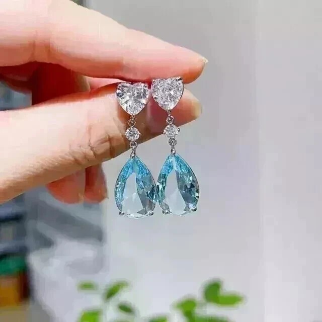 Simulated Aquamarine 3Ct Pear Cut Drop Dangle Earrings 14k White Gold Plated