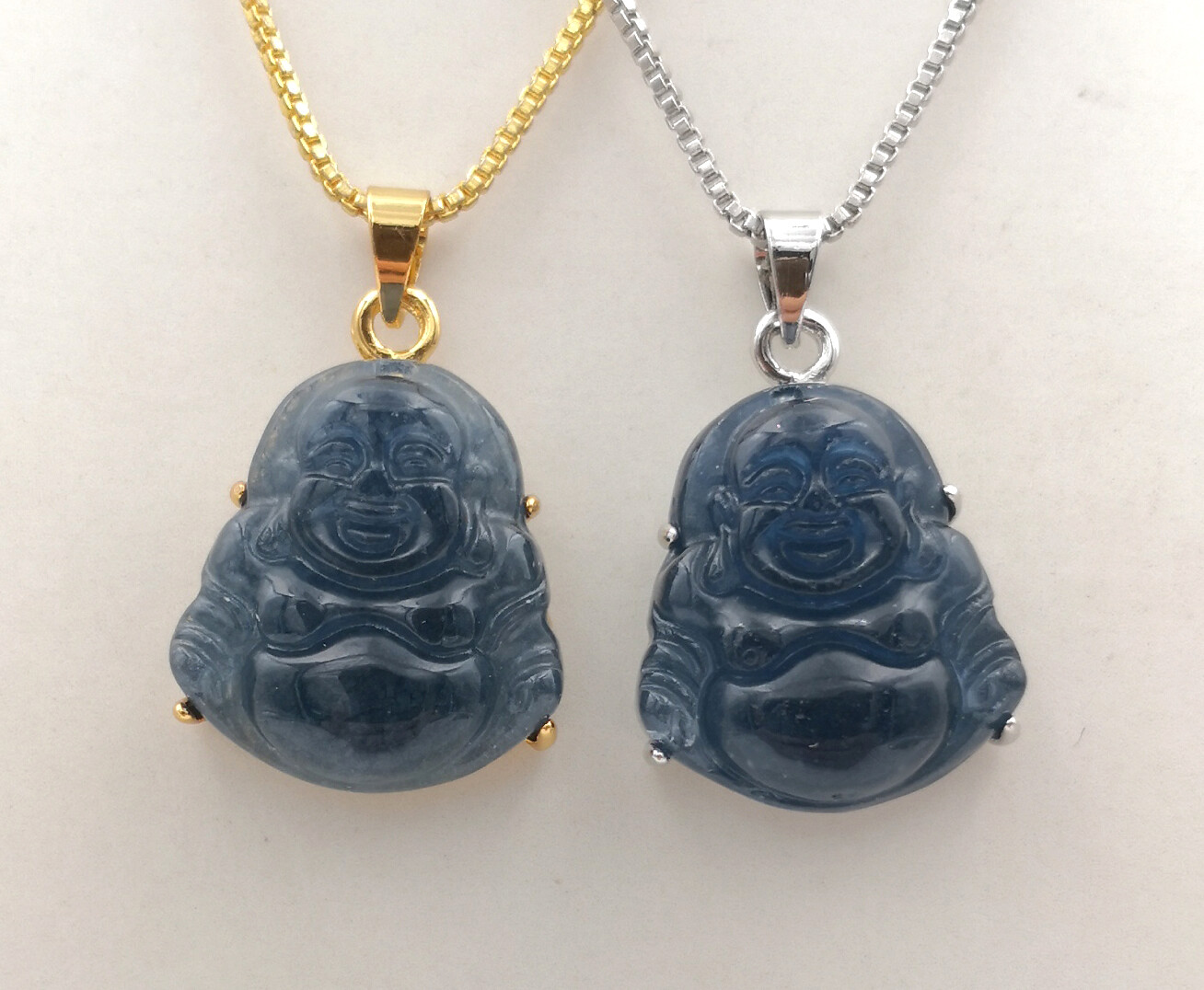 Green Multicolor Jade Laugh Maitreya Buddha 18KGP Lettering Pendant Necklace
