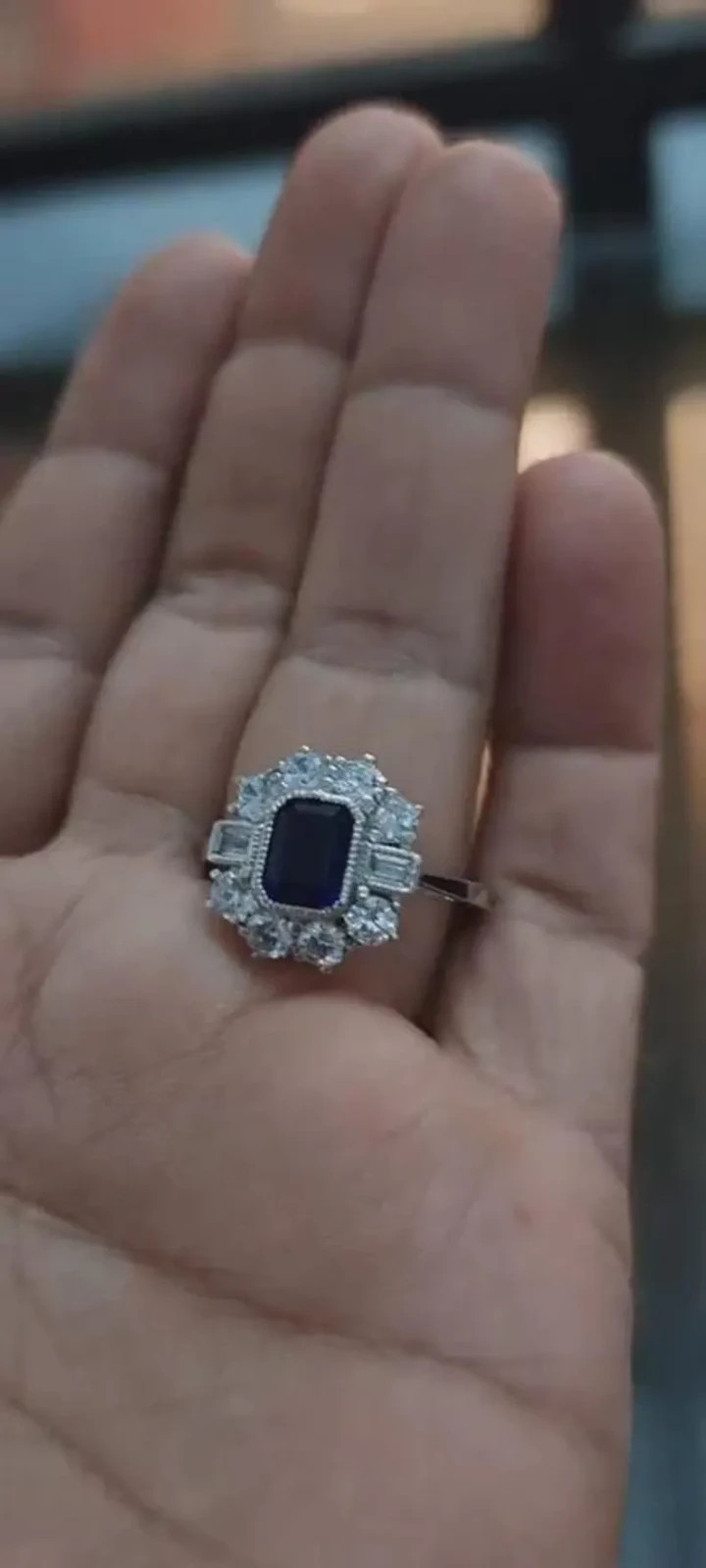 Vintage Blue Sapphire Halo Ring 925 Sterling Silver Art Deco Engagement