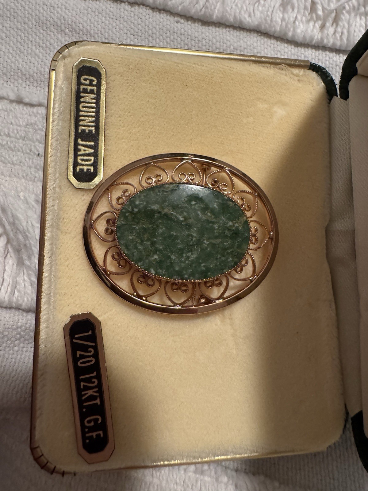 Vintage Oval Green Jade Brooch Pin 12K Gold Filled Filigree