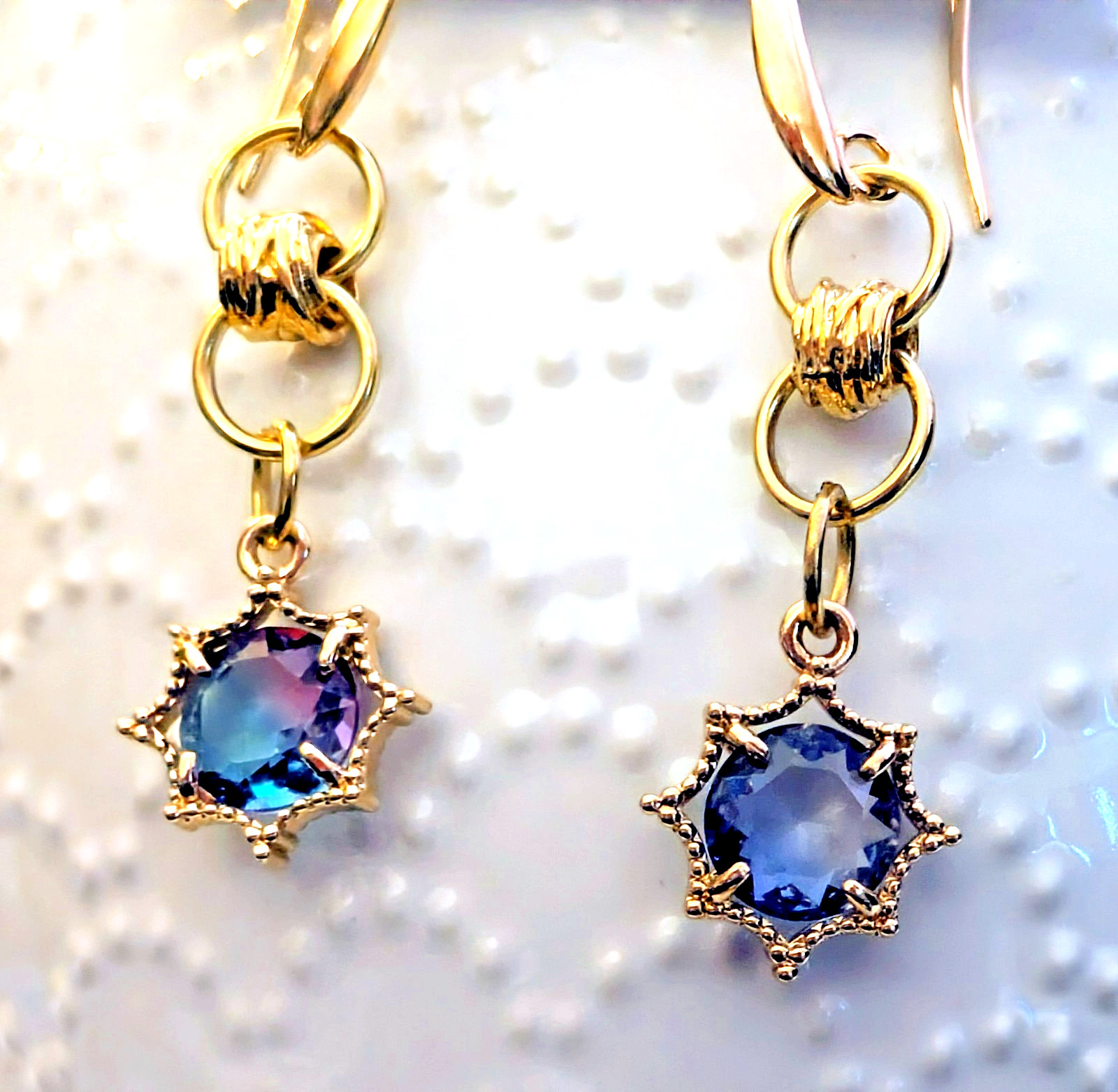 Handmade gold tone crystal dangle earrings-color changes w/ light-Bohemian style