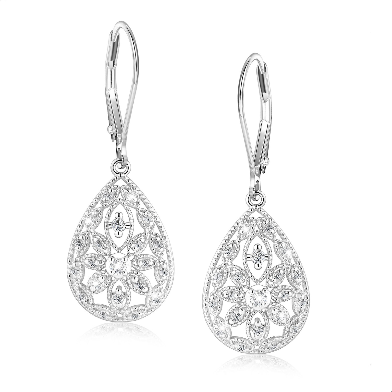 Sterling Silver Earrings Filigree Dangle Drop Leverback Earrings for Women Cu…