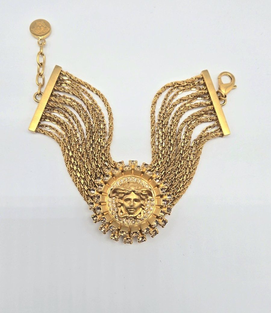 Versace Medusa Head Medallion Statement Bracelet Swarovski Crystal + Chains