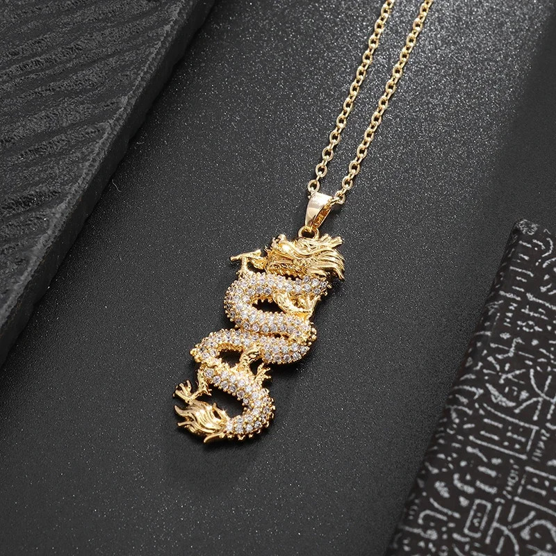 Cubic Zirconia Dragon Pendant Necklace for Men Women Amulet Jewelry