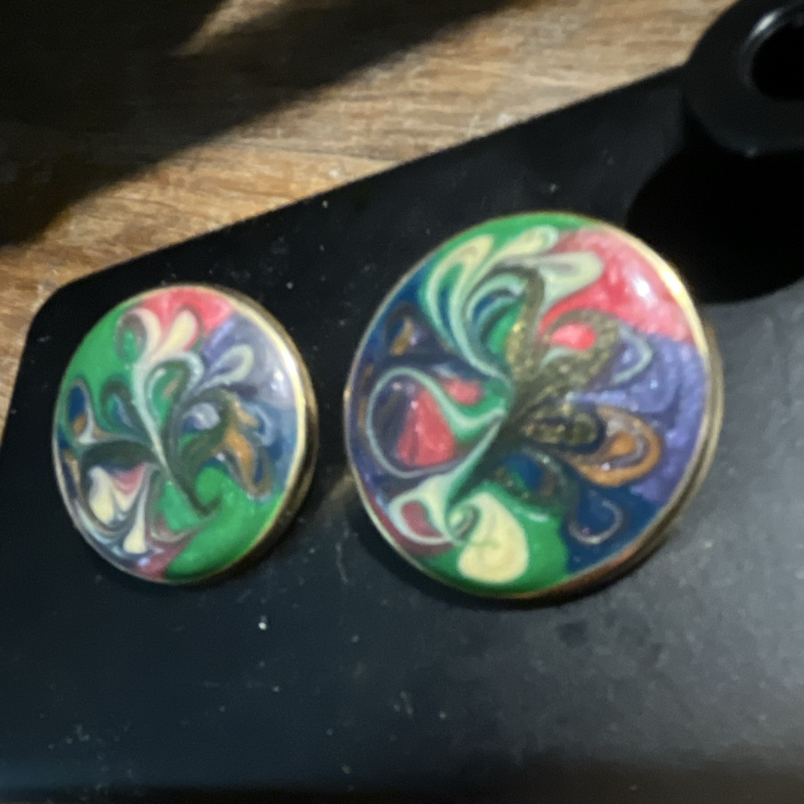Round Multicolor Swirl Enamel Stud Earrings, Metal, Butterfly Closure Pair