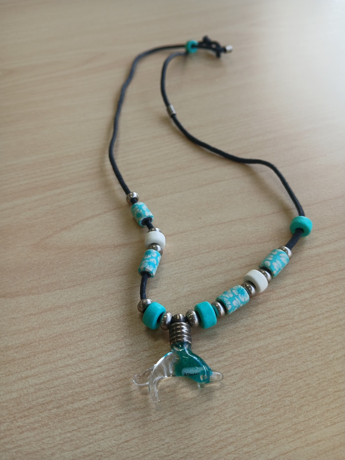 Black Cord Beaded Necklace Blue Animal Charm Pendant Silver Tone White Beads