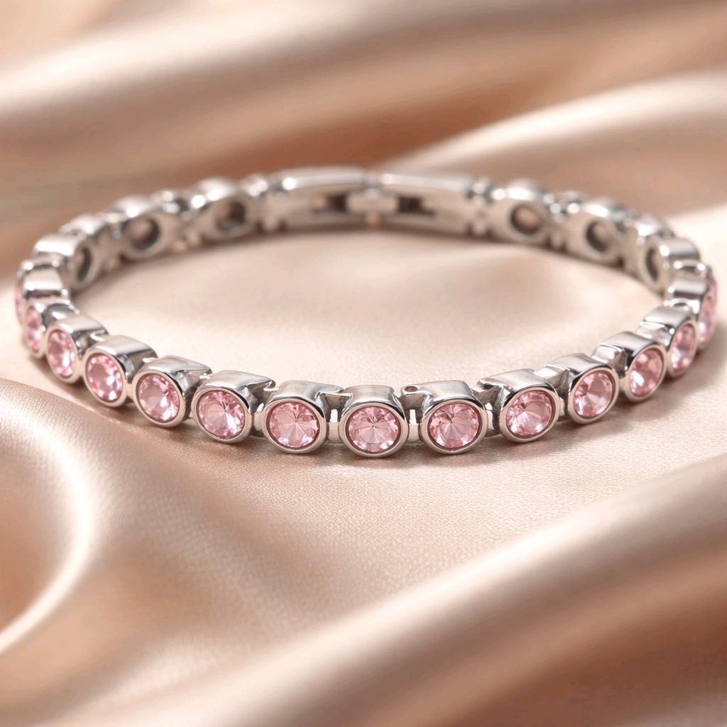 Women’s Stainles Steel BIOMAGNETIC Tennis Ball bracelet with Pink Cubic Zirconia