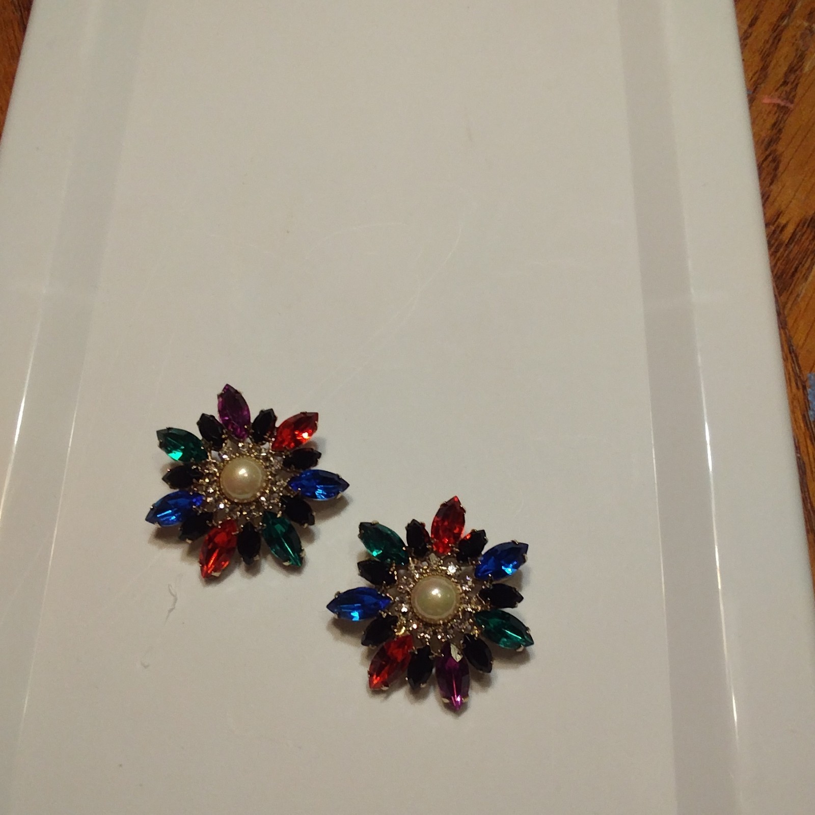 Multicolor Rhinestone Flower Cluster Stud Earrings w/ White Faux Pearl Center