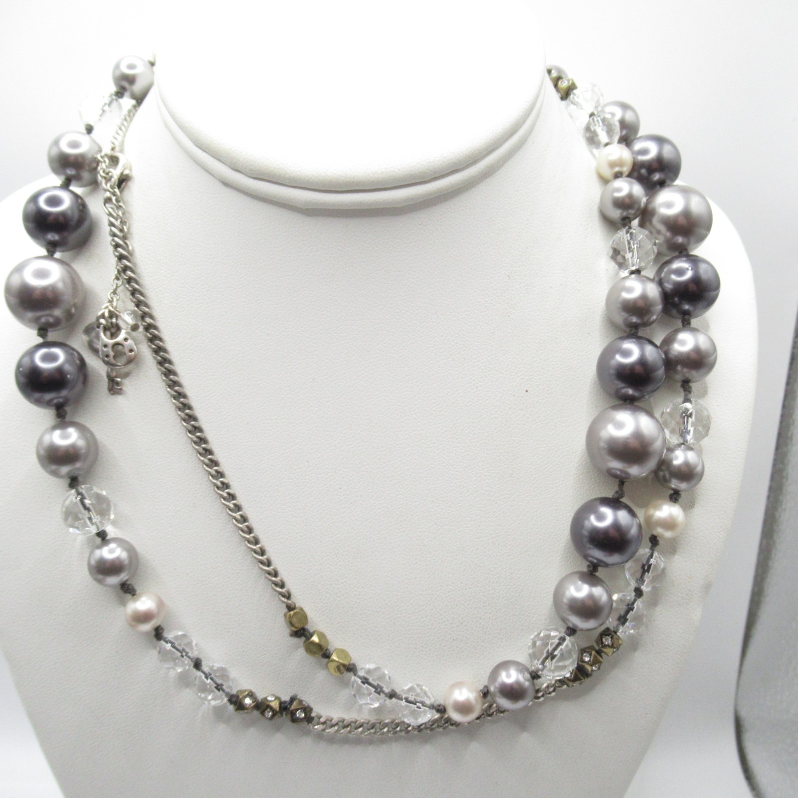 Fossil Necklace Long Stylish Beaded Silver Black Gray Colors Some Crystal Accent