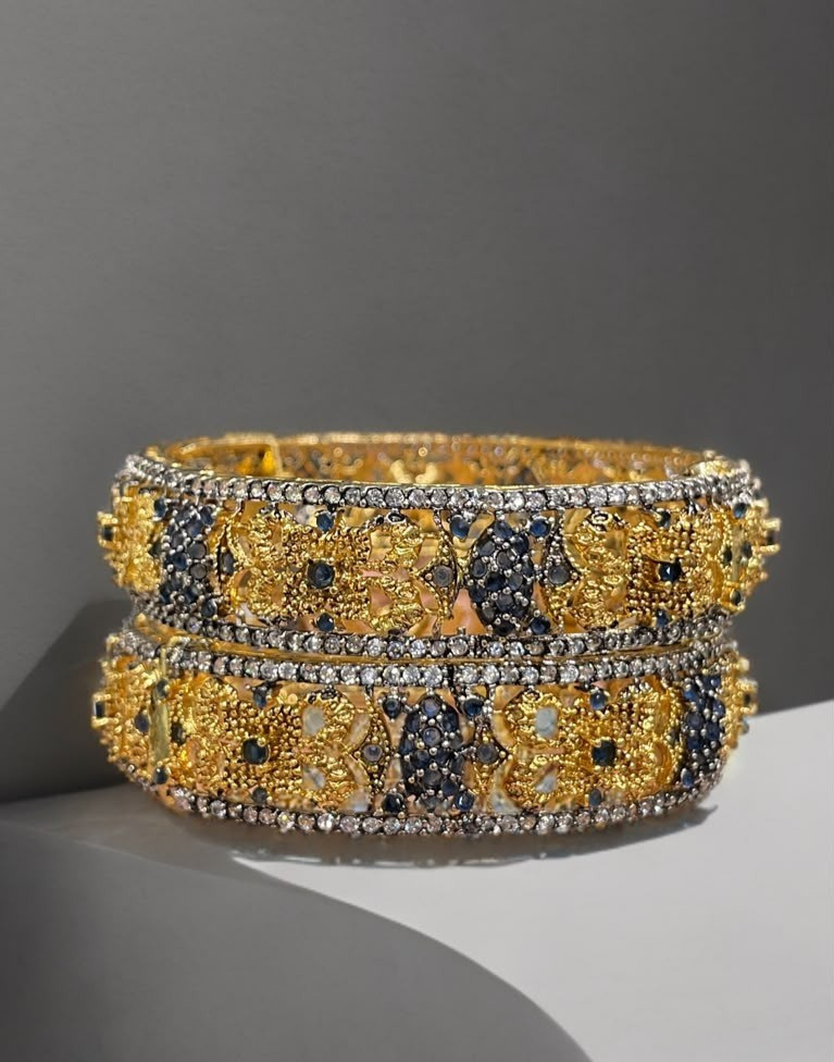 2 Pc Adjustable Gold Oxidized Blue Stone Bangles Pakistani Bridal Jewelry