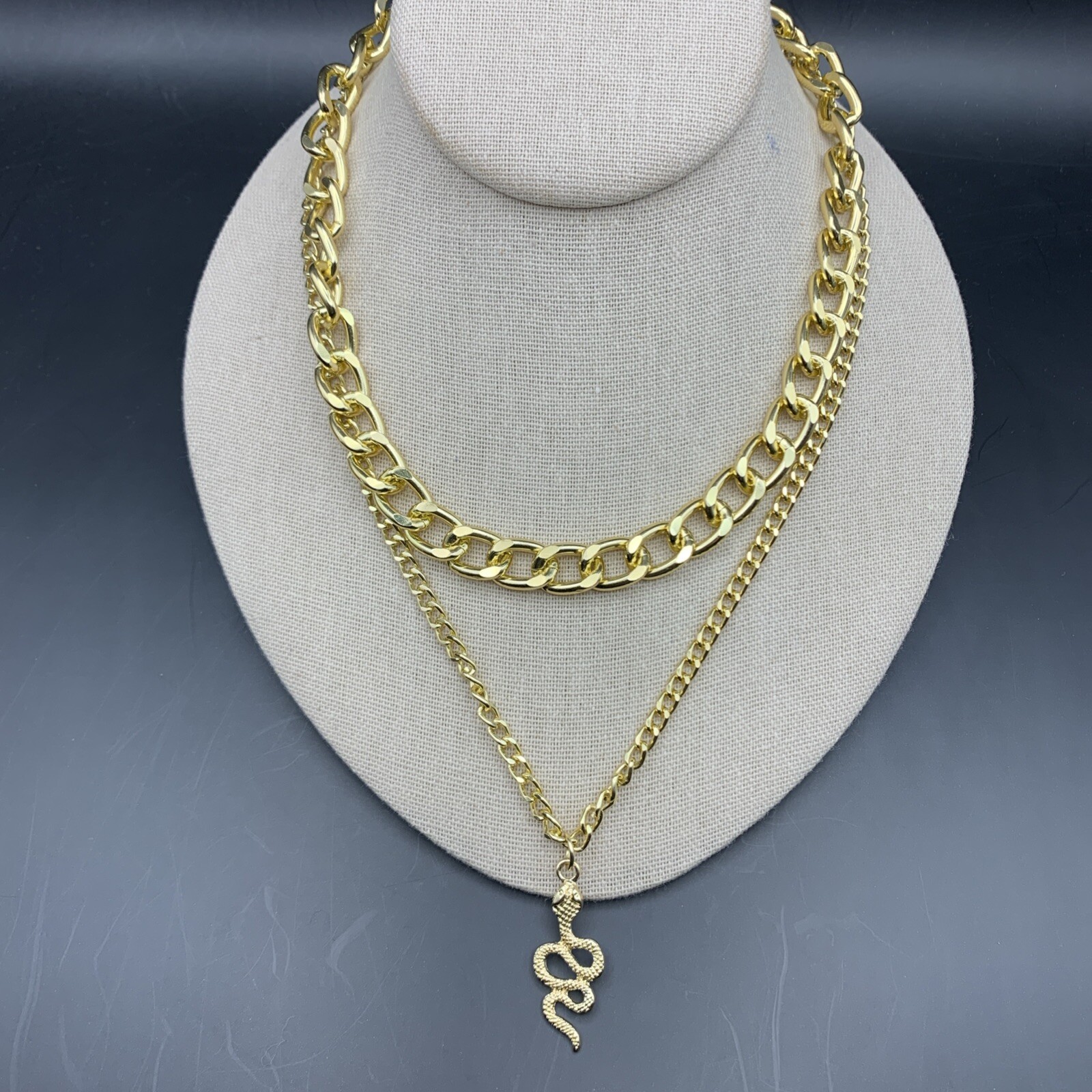 Layered Chunky Chain Necklace Snake Pendant Gold Tone Curb Link Statement Bold