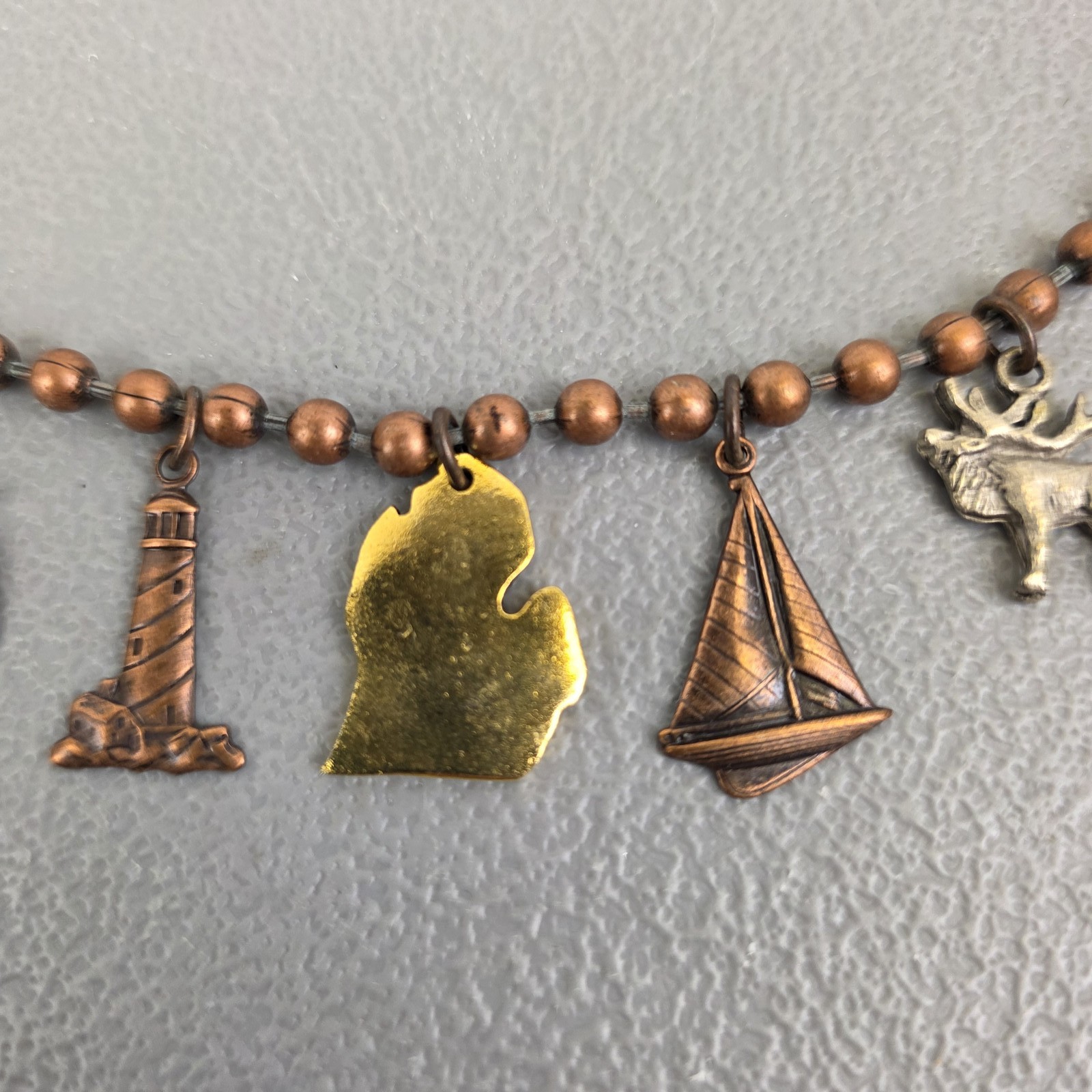 Michigan Themed Charm Necklace Ball Chain Copper Bronze Tone Lighthouse Map Elk