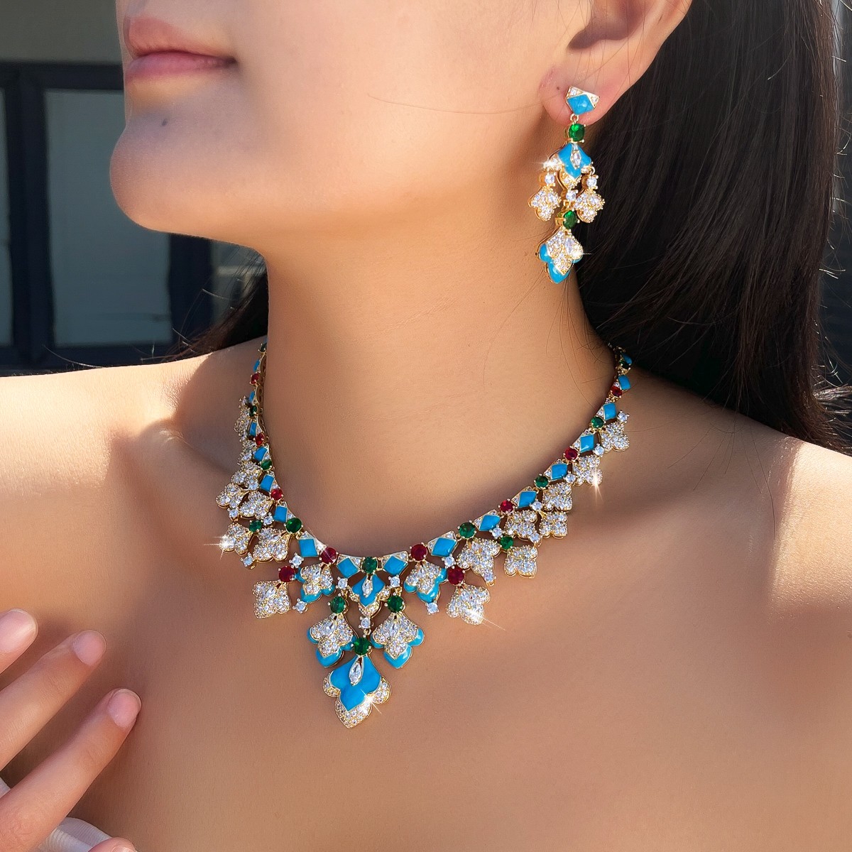 Women Ethnic Gold Plated Multicolor Zircon Enamel Wedding Chandelier Jewelry Set