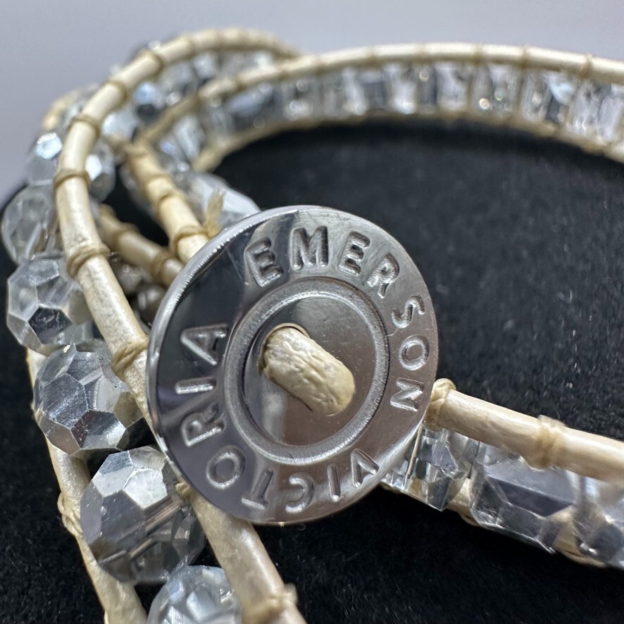 Victoria Emerson Wrap Bracelet Beige on Natural Gunmetal Beads 38 inches Long