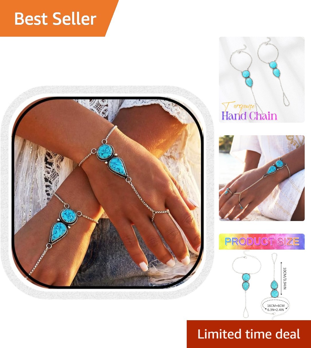 Pack of 2 Adjustable Turquoise Hand Chain Jewelry for Women – Chic Accessories