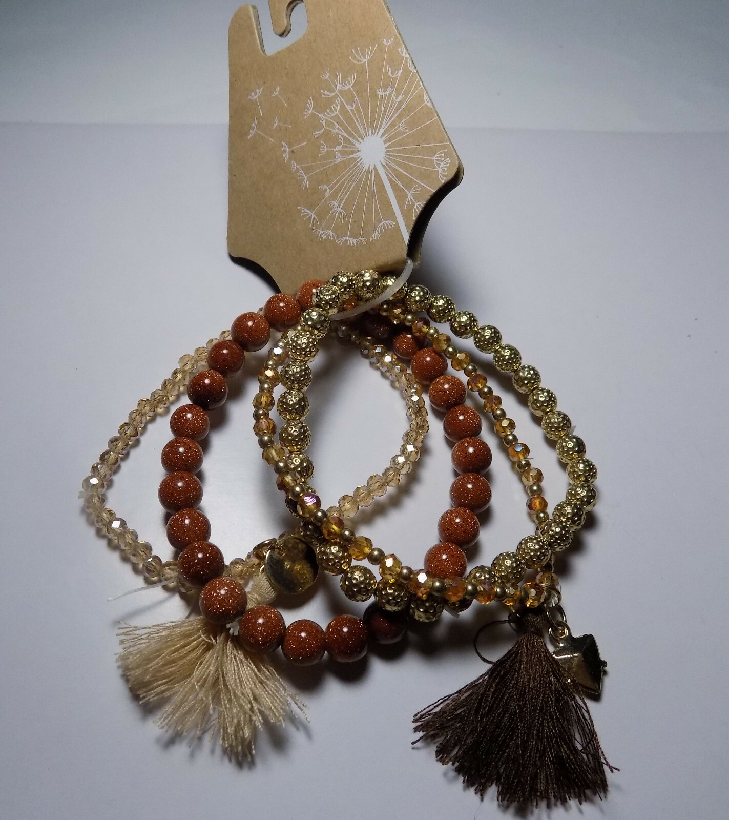 NEW Brown, tan & Gold Tone Set Of 4 Stretch Bracelets 2 with tassels NWT (154)