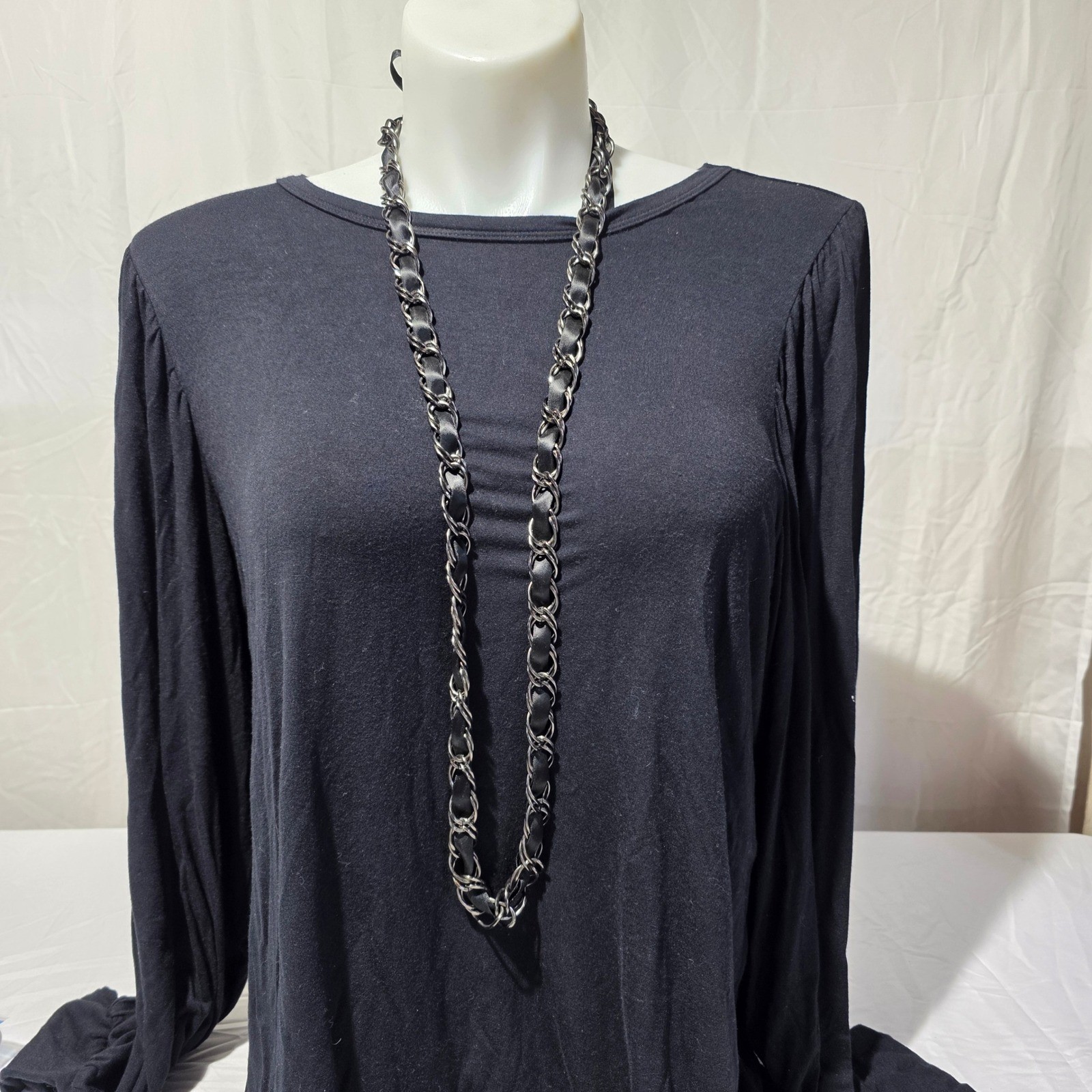 Gunmetal Curb Chain Black Ribbon Woven Long Opera Necklace No Clasp Layering