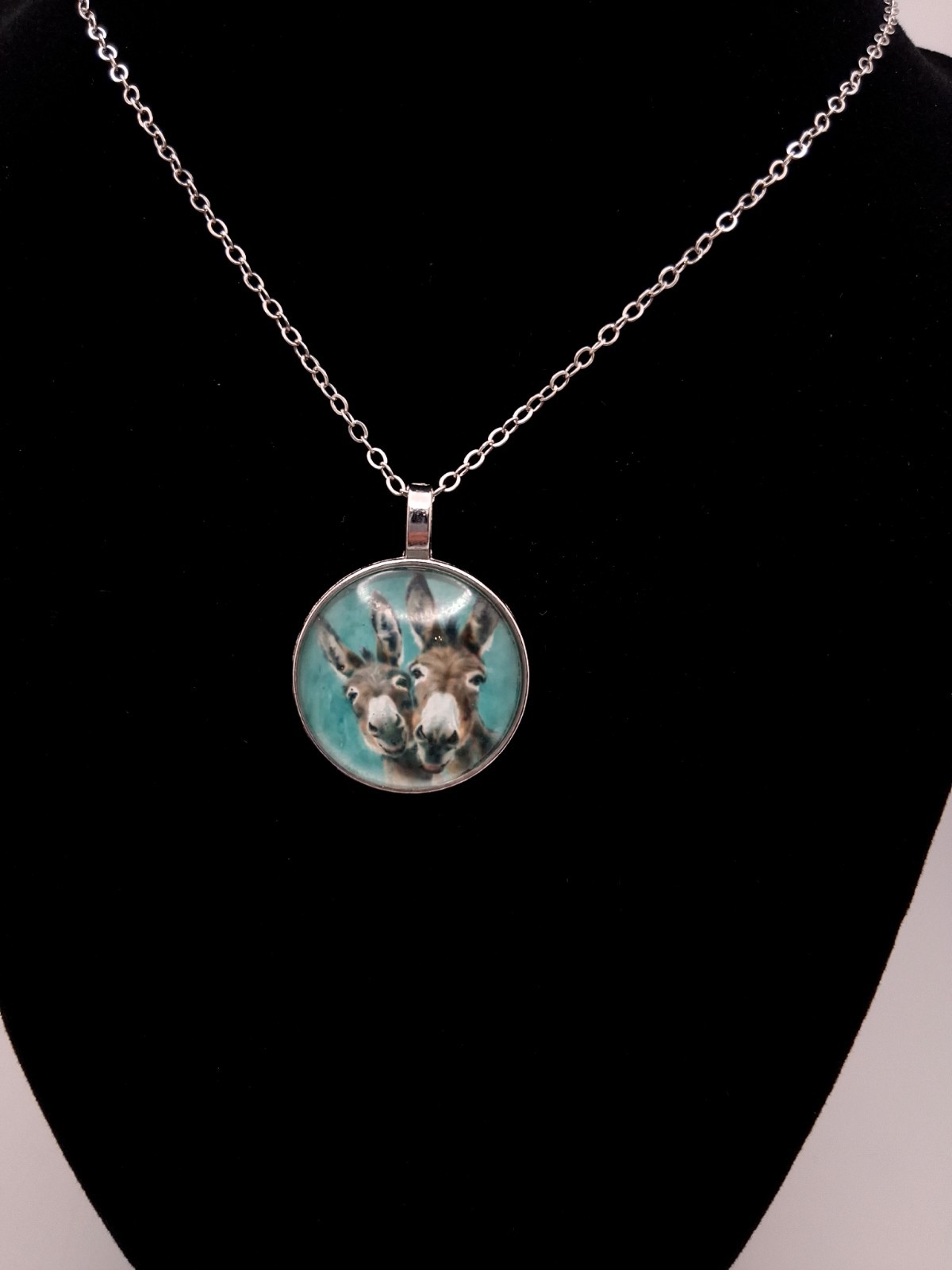 Sweet Donkey Pair Cabochon Pendant Necklace Animal Lover Gift Silver Toned New