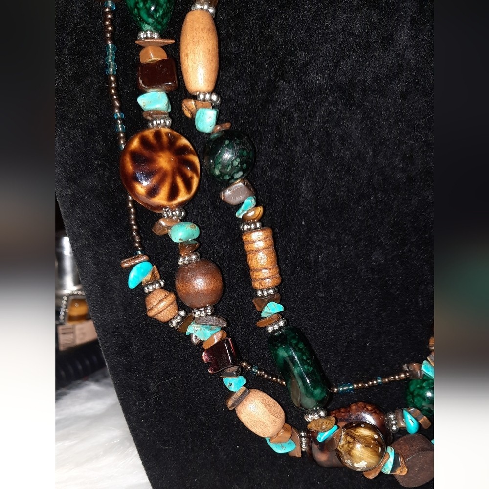 Stone, ceramic, wood, Glass seed beaded necklace Multistrand necklace