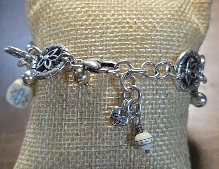 Silvertone Brighton Charm Floral & Beige Tab Bead Bracelet 6 3/4″