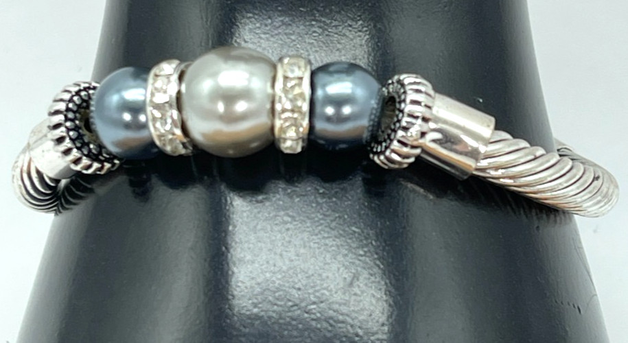 Bracelet Stainles Steel w/Gray Simulated Pearls & Clear Crystal Accents 7 Inches