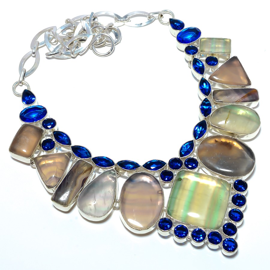 Fluorite, Blue Sapphire Gemstone Simulated 925 Silver Plated Necklace 17.99″