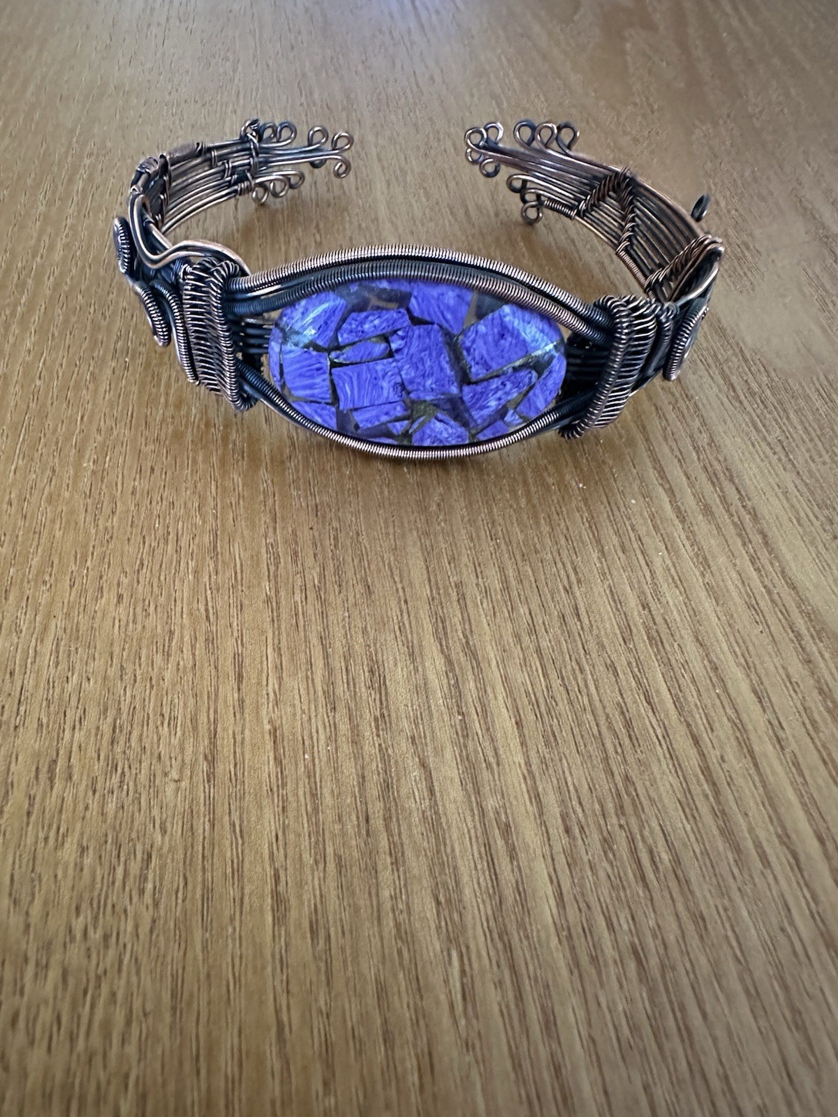 Cuff Bangle Adjustable Copper Wire Jewlery Adorned With Russian Purple Gemstone