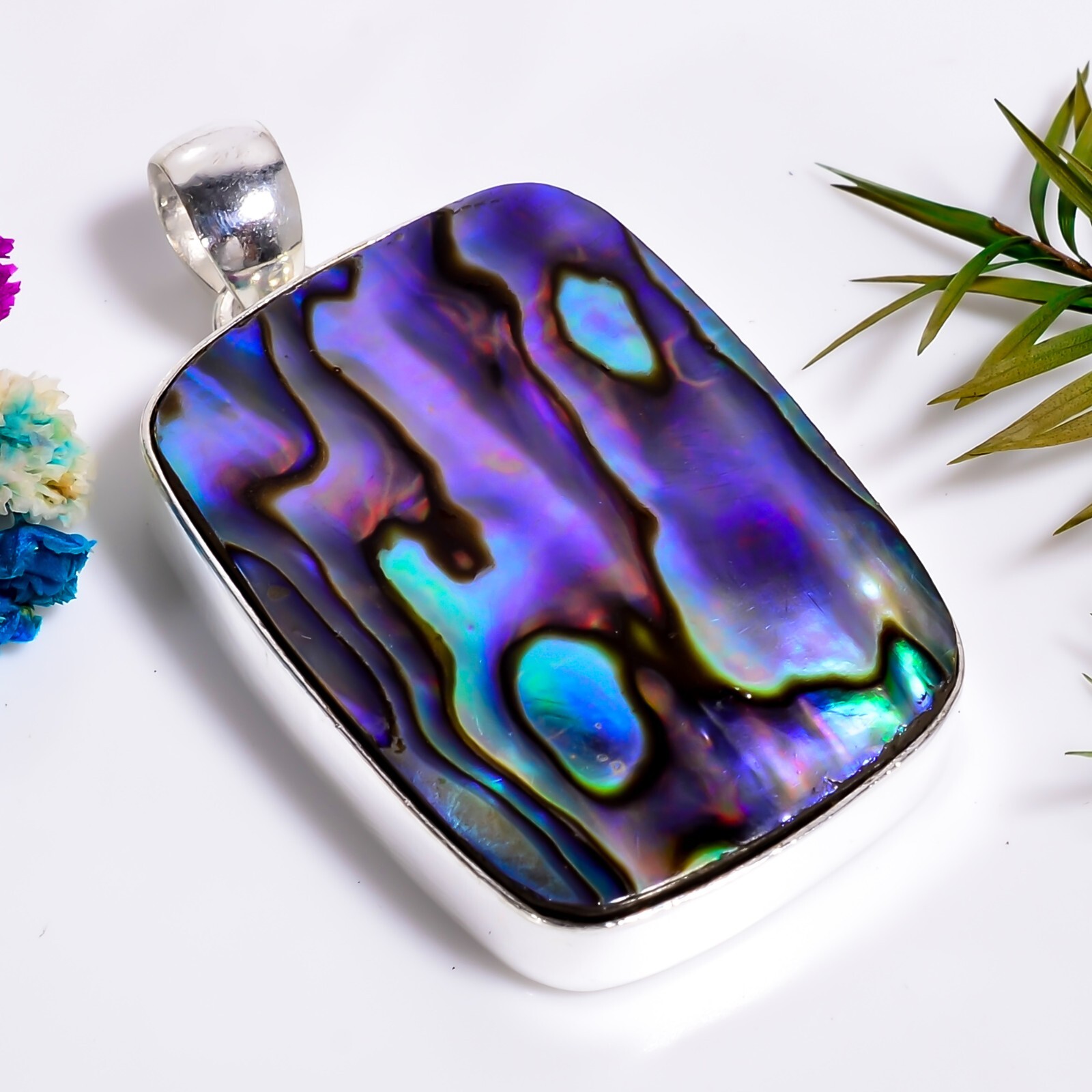 Abalone Shell Gemstone Ethnic Handmade Jewelry.925 Silver Pendant
