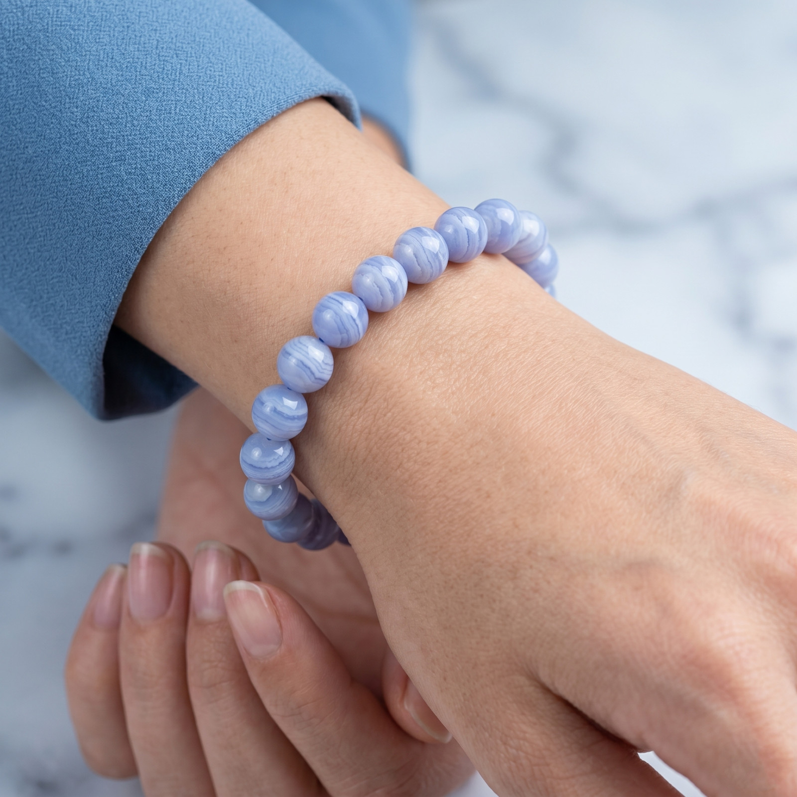 8mm Natural Blue Lace Agate Bead Bracelet Stretch Calming Healing Throat Chakra
