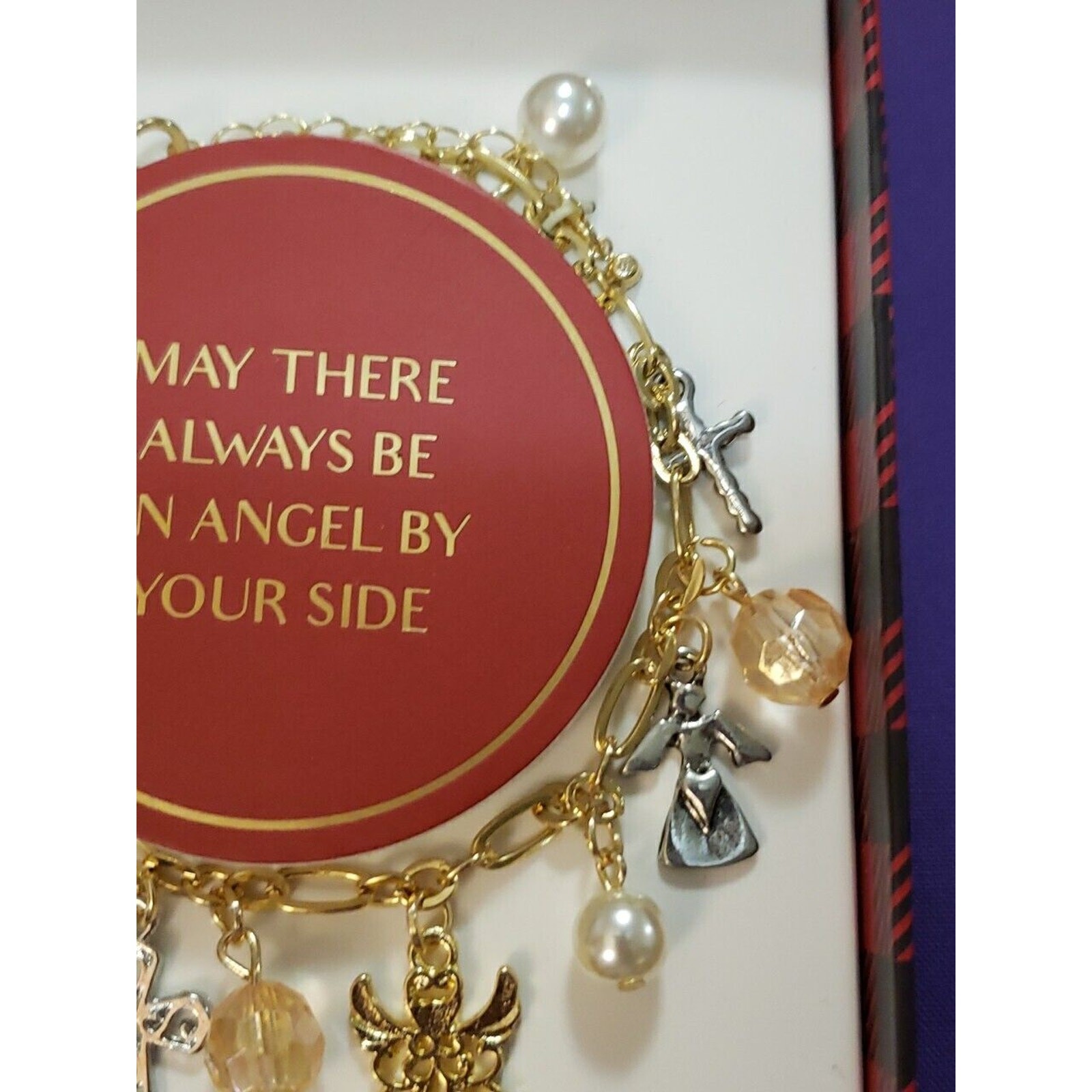 Gold Tone Charm Bracelet With Angels Crosses Faux Pearls & Pale Peach Beads, New