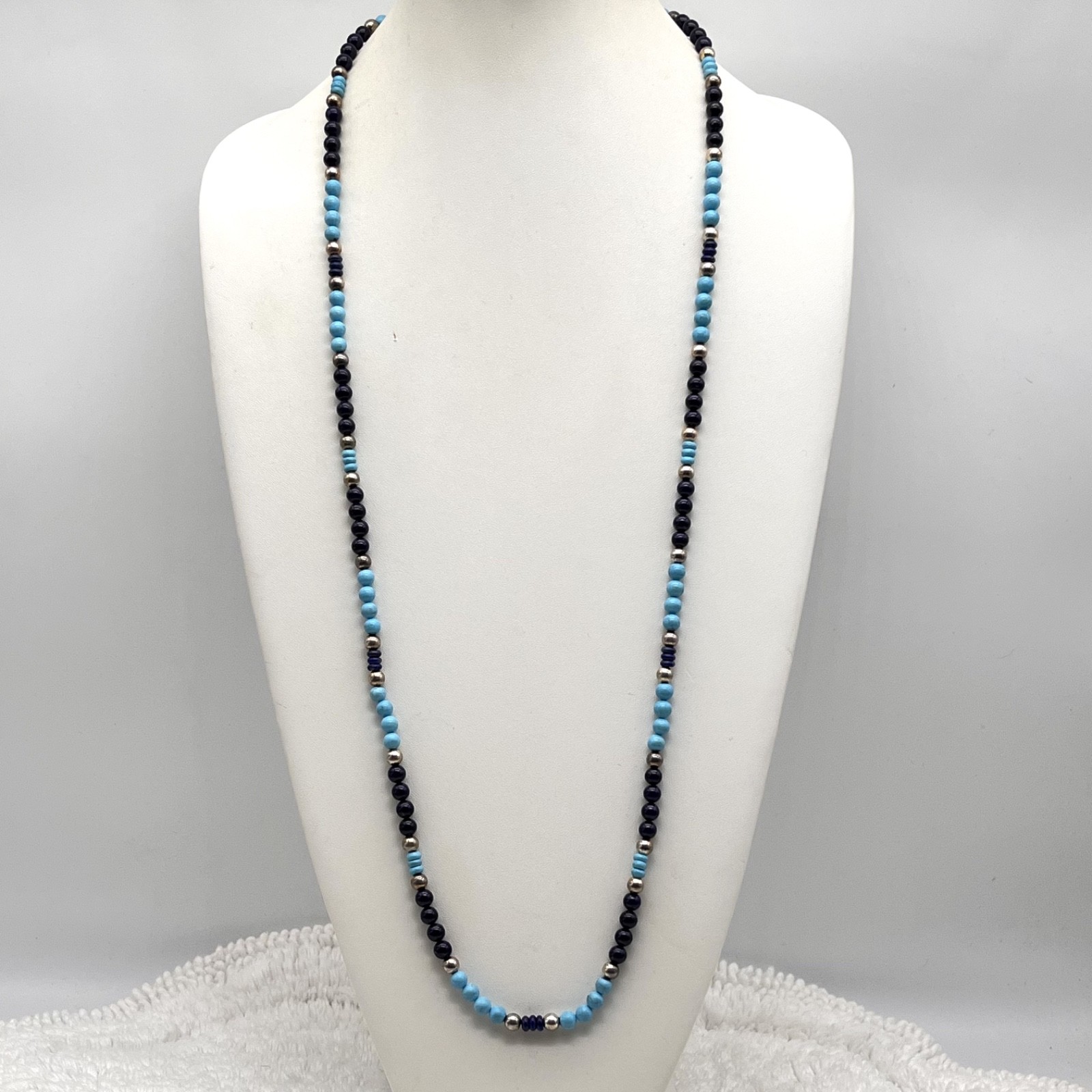 Southwestern Beaded Necklace Blue Black Stones Stamped 925 LONG READ 36″