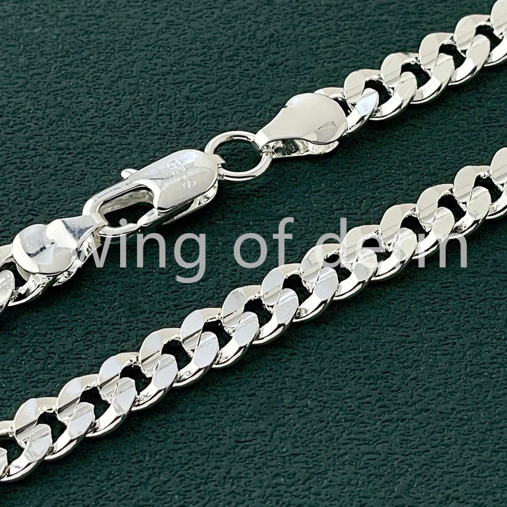 50-60cm 925 Sterling Silver 7mm Men’s Cuban Sideways Necklace Bracelet Set…