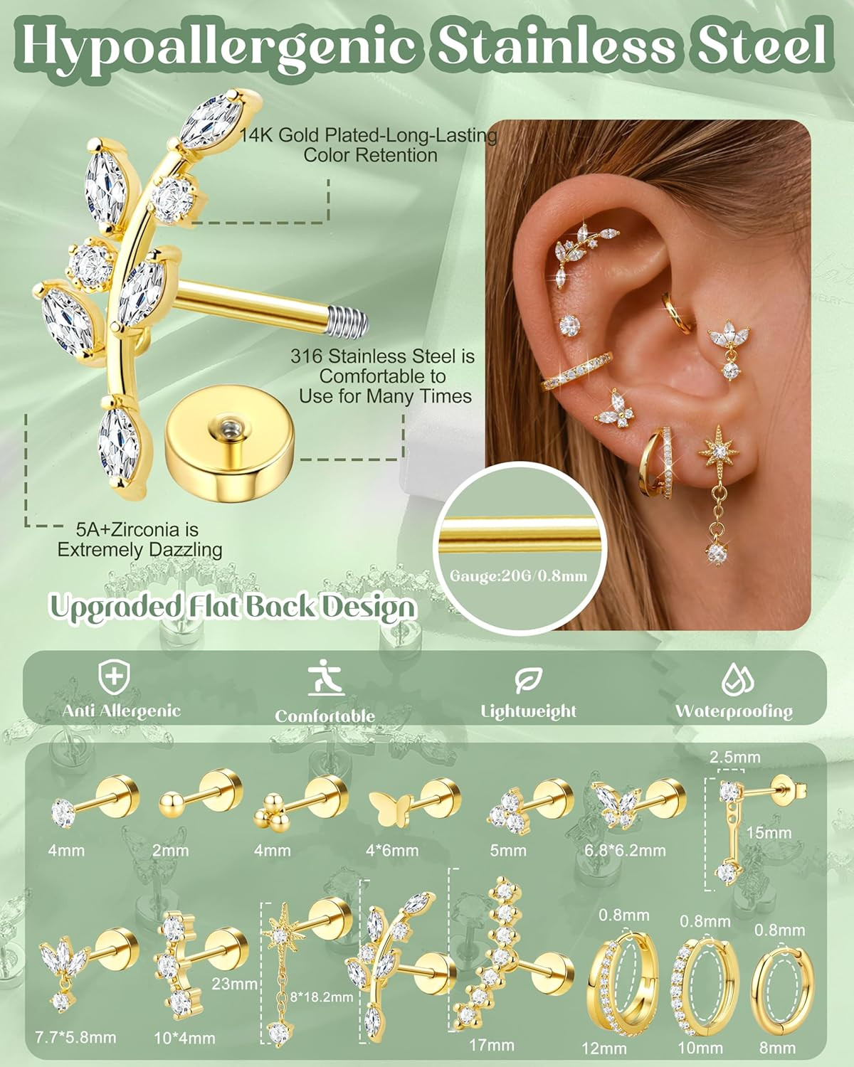 20/18/16G Cartilage Earrings for Women Flat Back Earring Stacks Hypoallergenic S