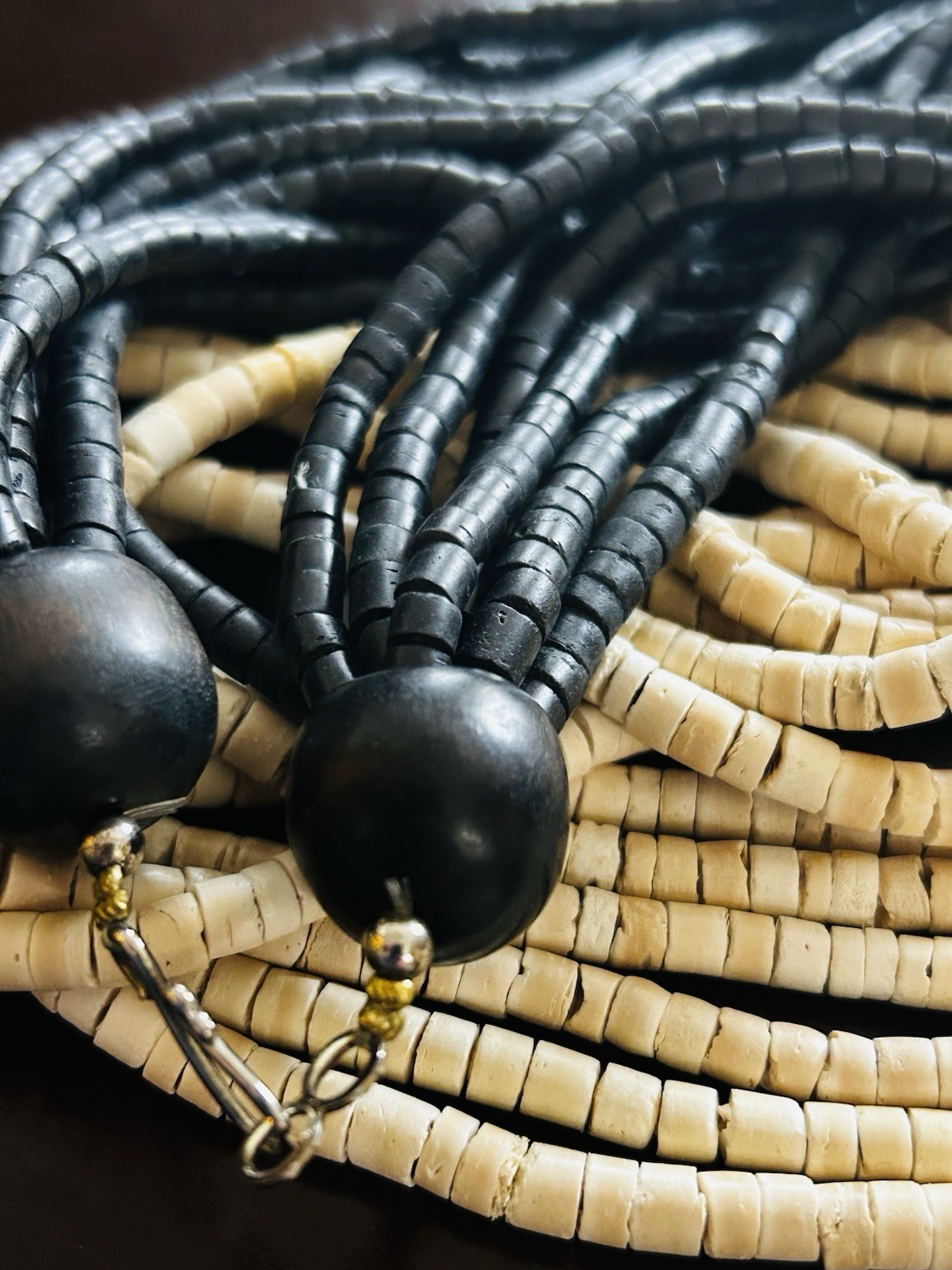 Coconut Shell Necklace 8 Strand Black and Ivory Tribal Unique Ethnic 32 in