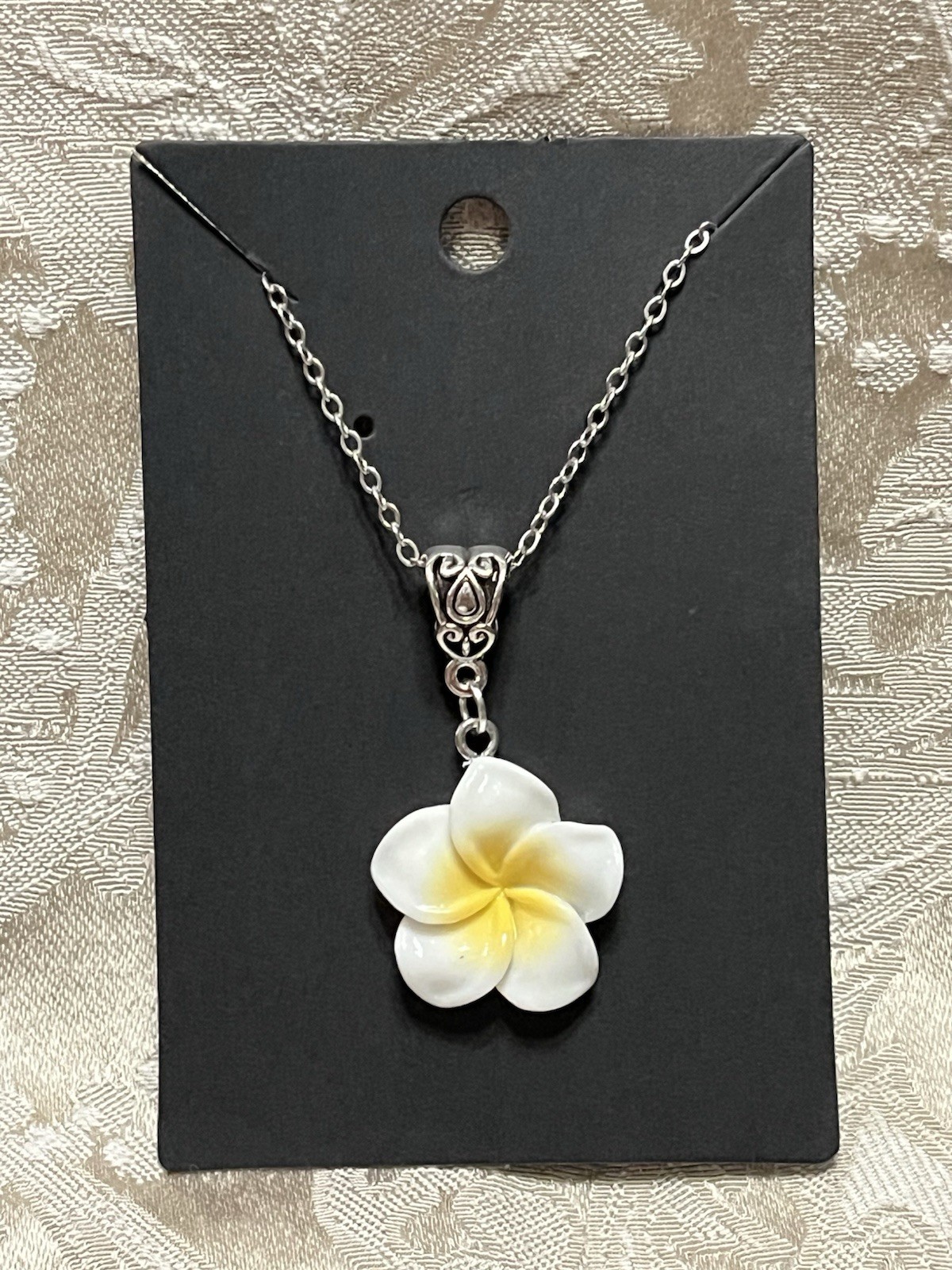 White Floral Camellia Flower Resin Pendant Silver 18” Necklace Boho Fashion