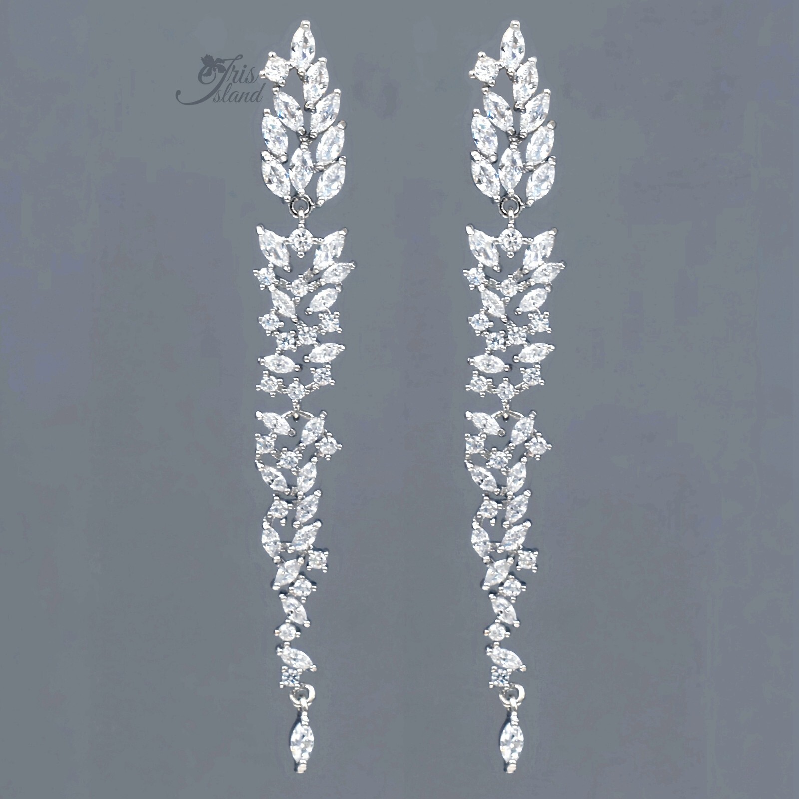 Long Dangle earrings Clear Cubic Zirconia White Gold Plated Elegant Women Silver