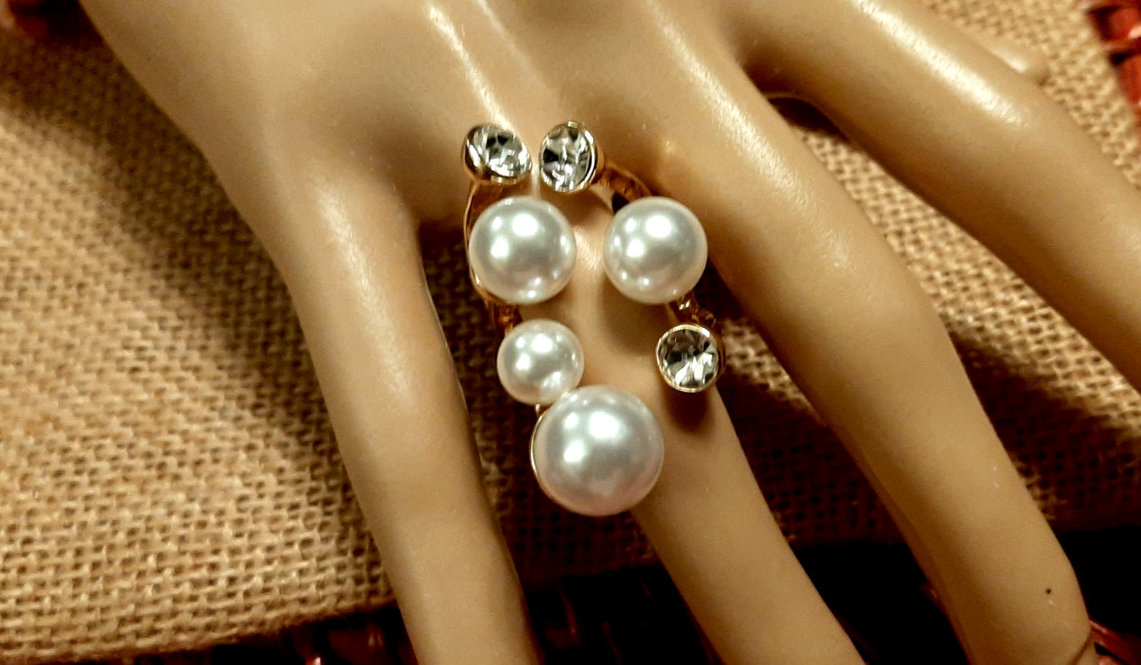 Adjustable Pearl & Rhinestone Statement Ring , Gold Tone New One Size