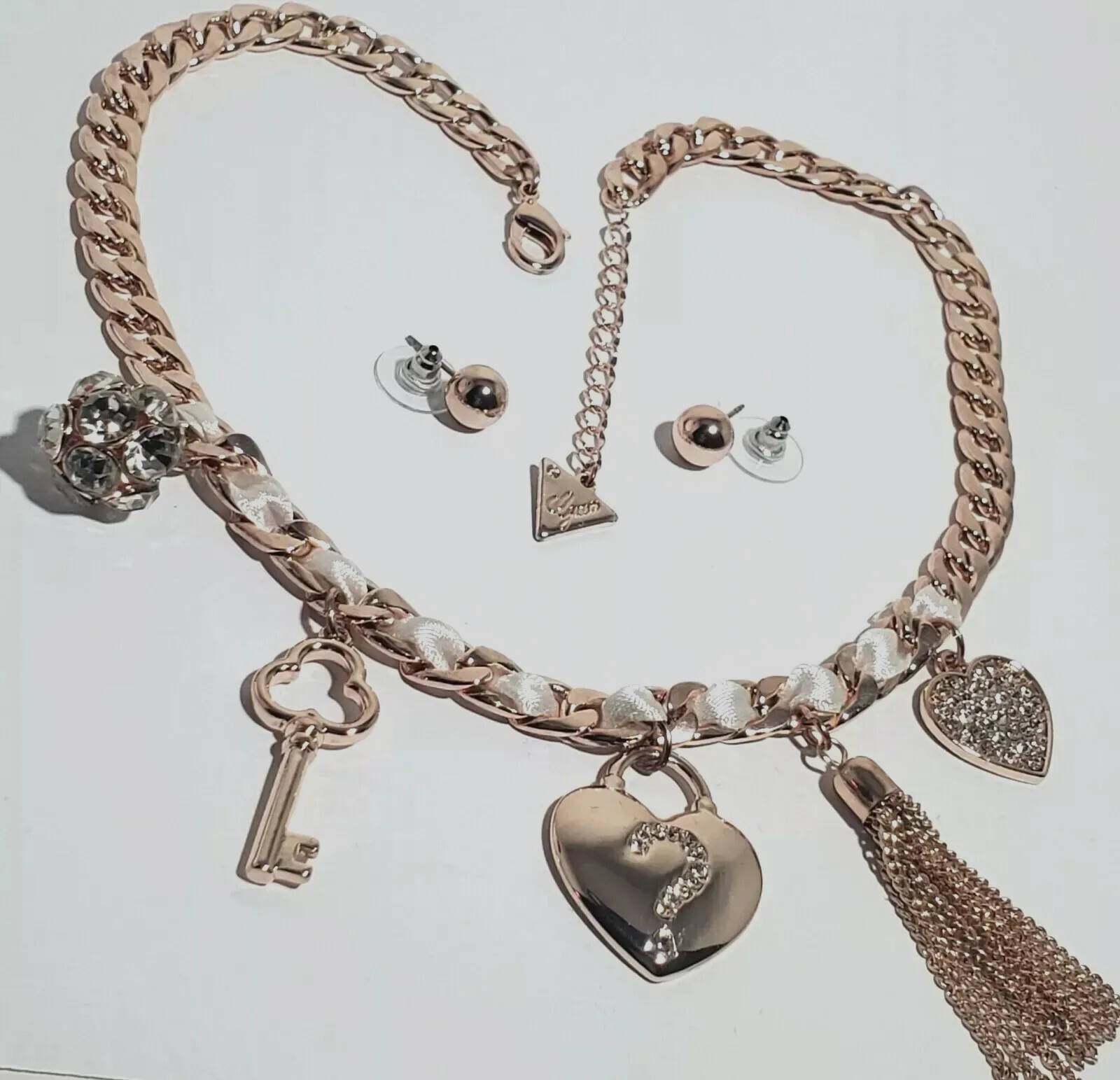 VTG GUESS Charm Necklace Stud Earring Set Rose Gold-Tone Rhinestone