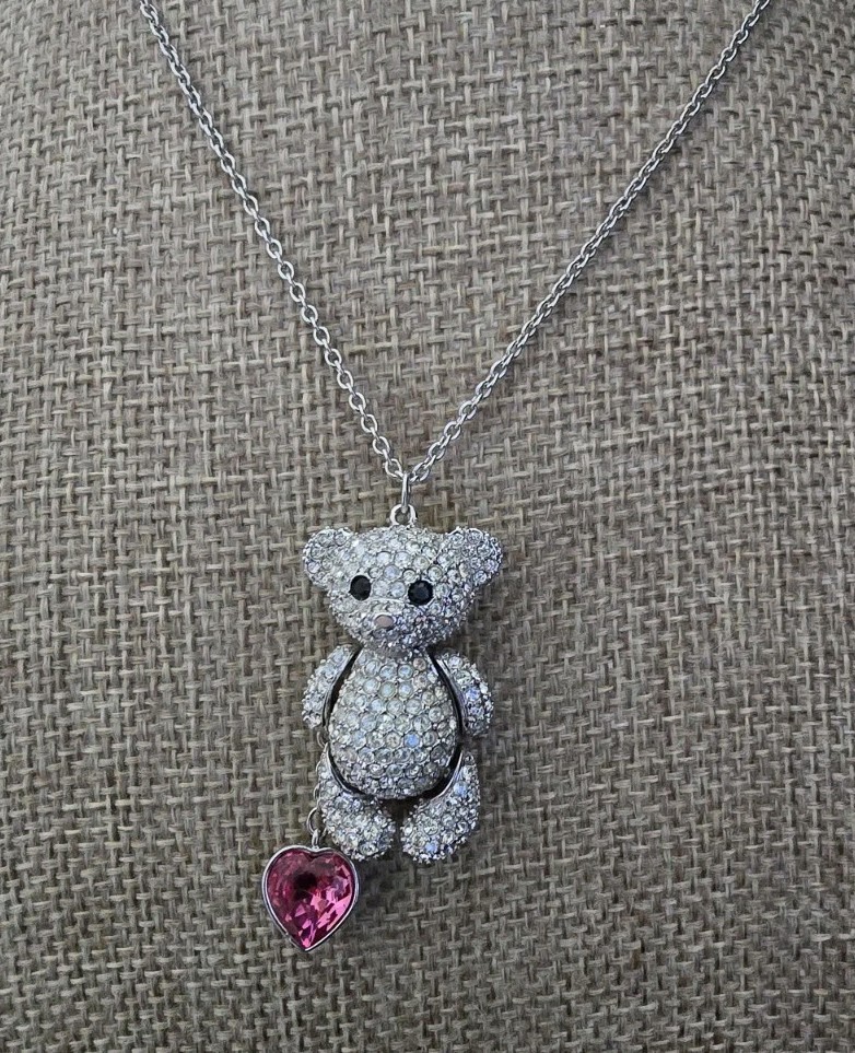 Swarovski Articulated Teddy Bear Necklace 18¾” Adjustable. Dangling Pink Heart