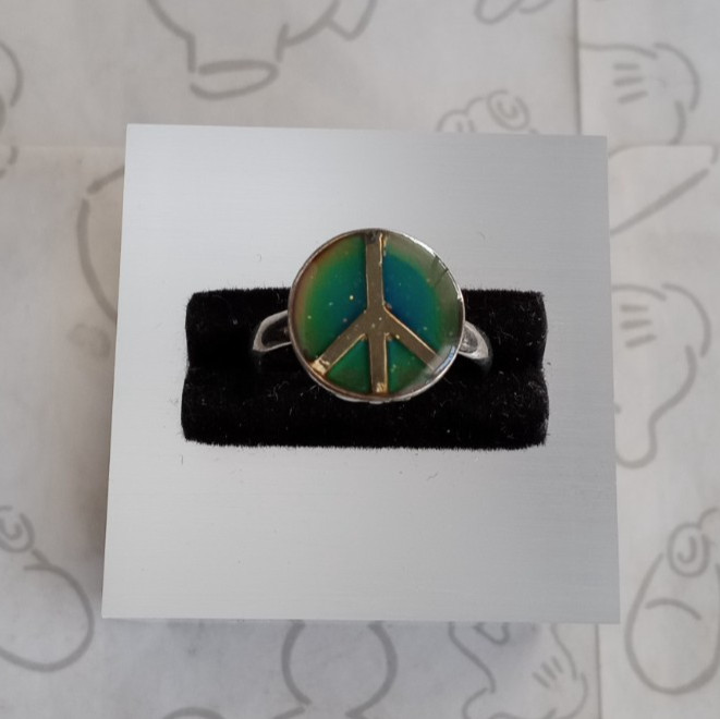 Peace Sign Mood Ring Vintage Size 6 Adjustable Glitter Silver Tone