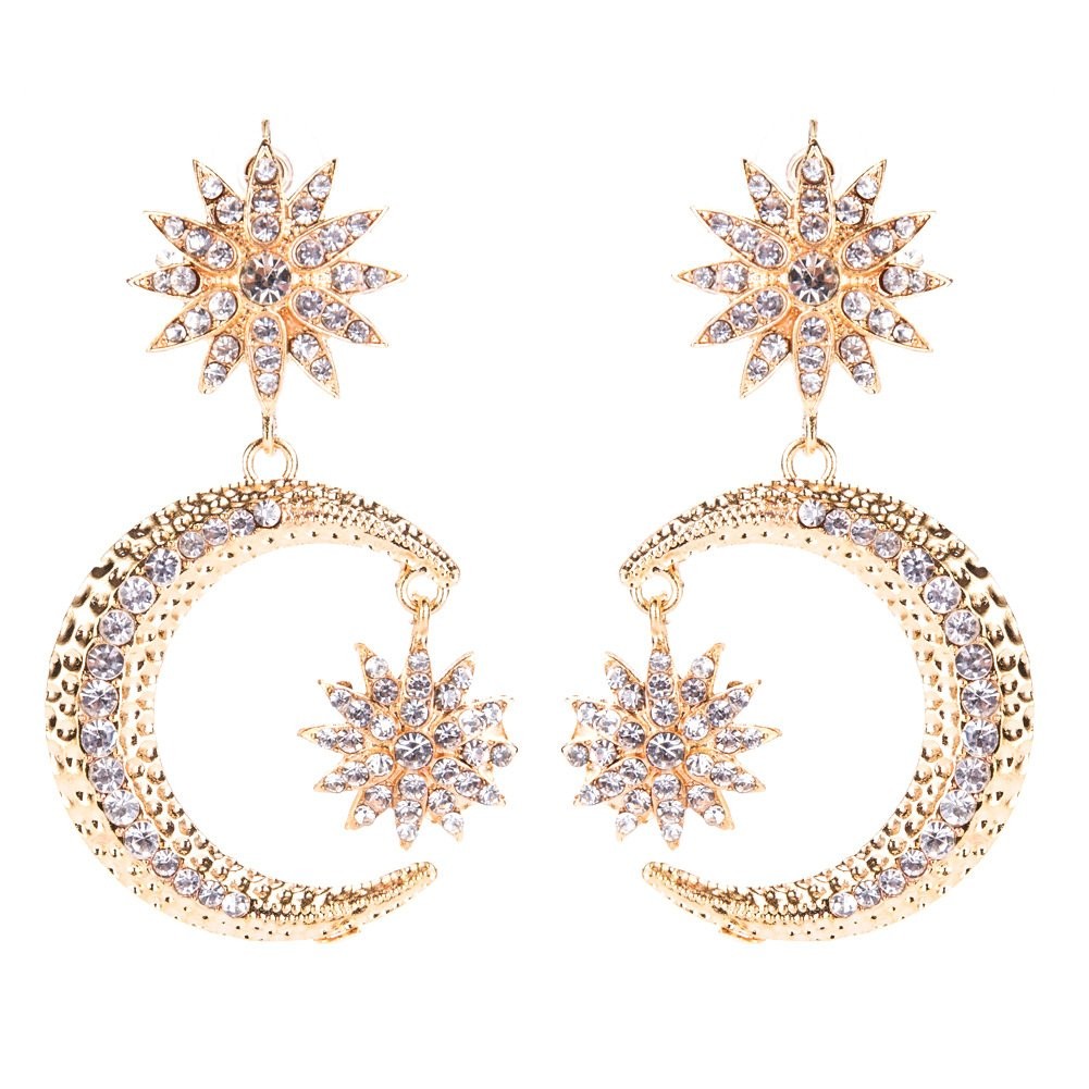 Boho Sun Moon and Stars Drop Dangle Earrings,Crystal Rhinestone Bohemian Stat…