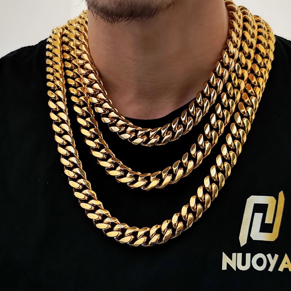 Miami Cuban Chain Necklace Men, 14k Gold Plated Stainless Steel 6–12mm 16–30″